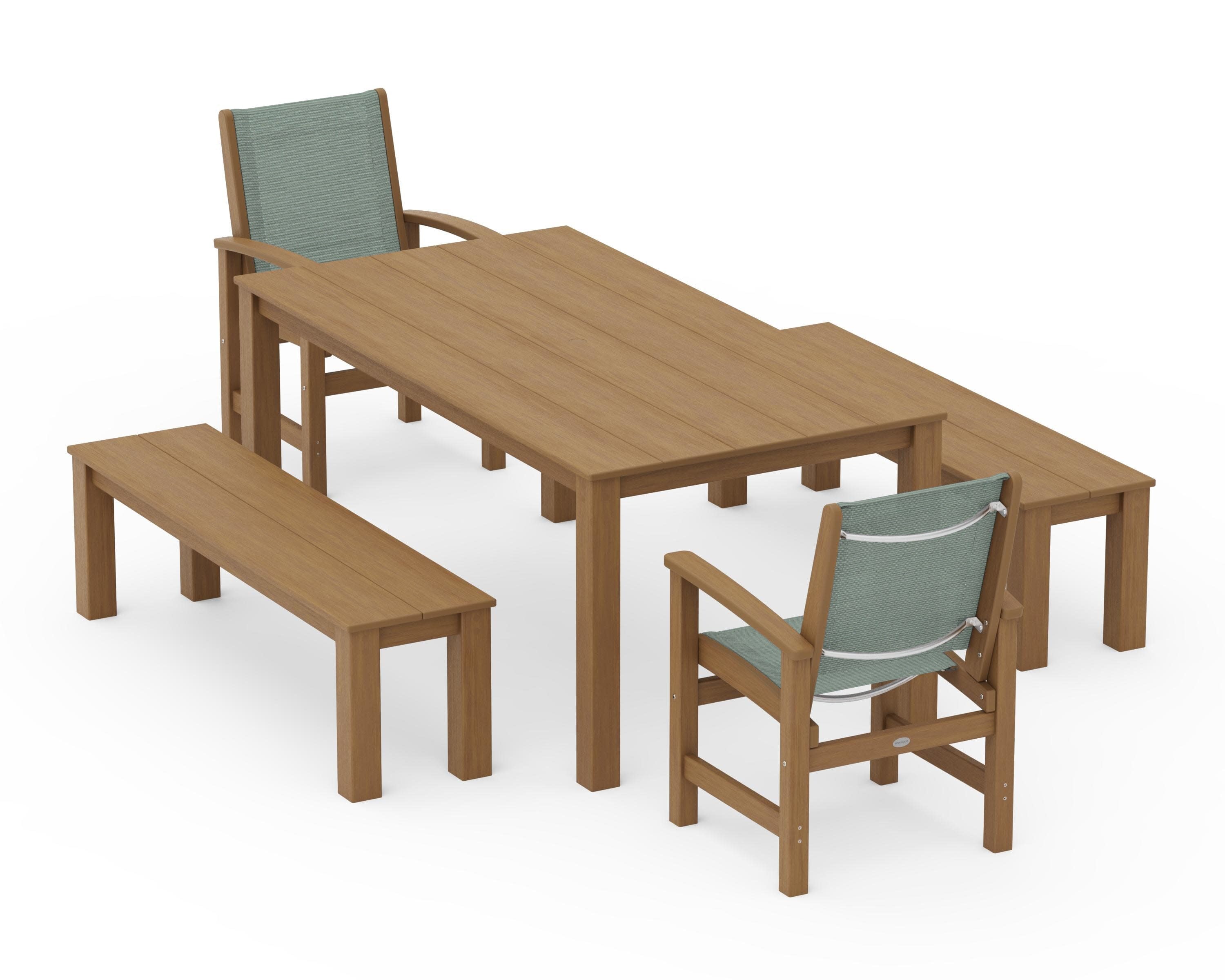 Coastal 5-Piece Parsons Dining Set with Benches in Natural / Dupioni Sea Mist Sling