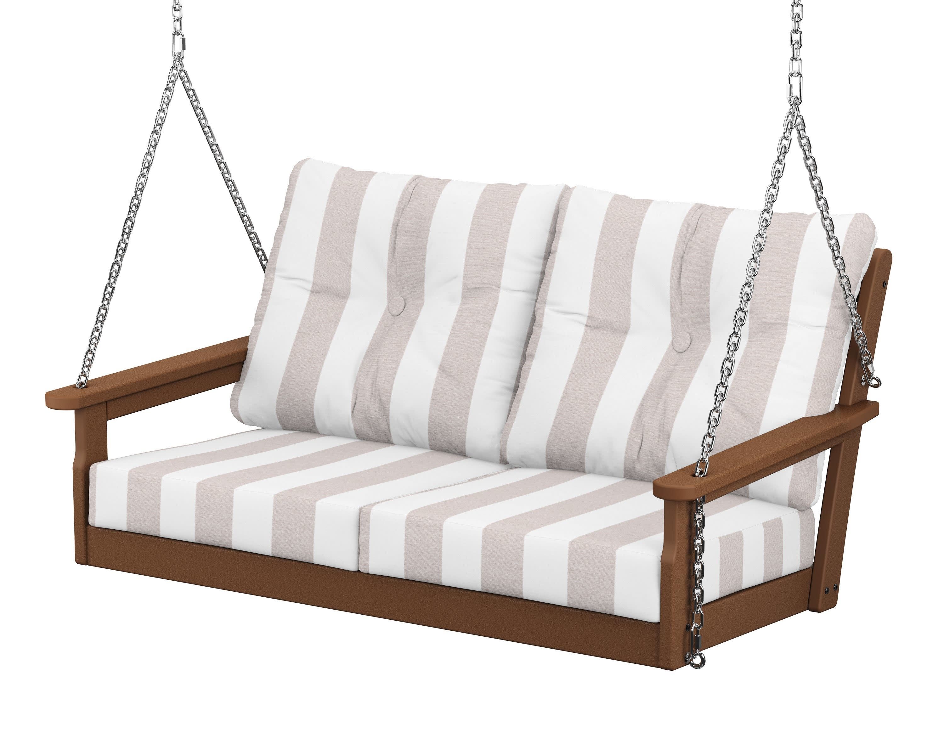 Vineyard Deep Seating Swing in Teak / Cabana Stripe Dune Burlap