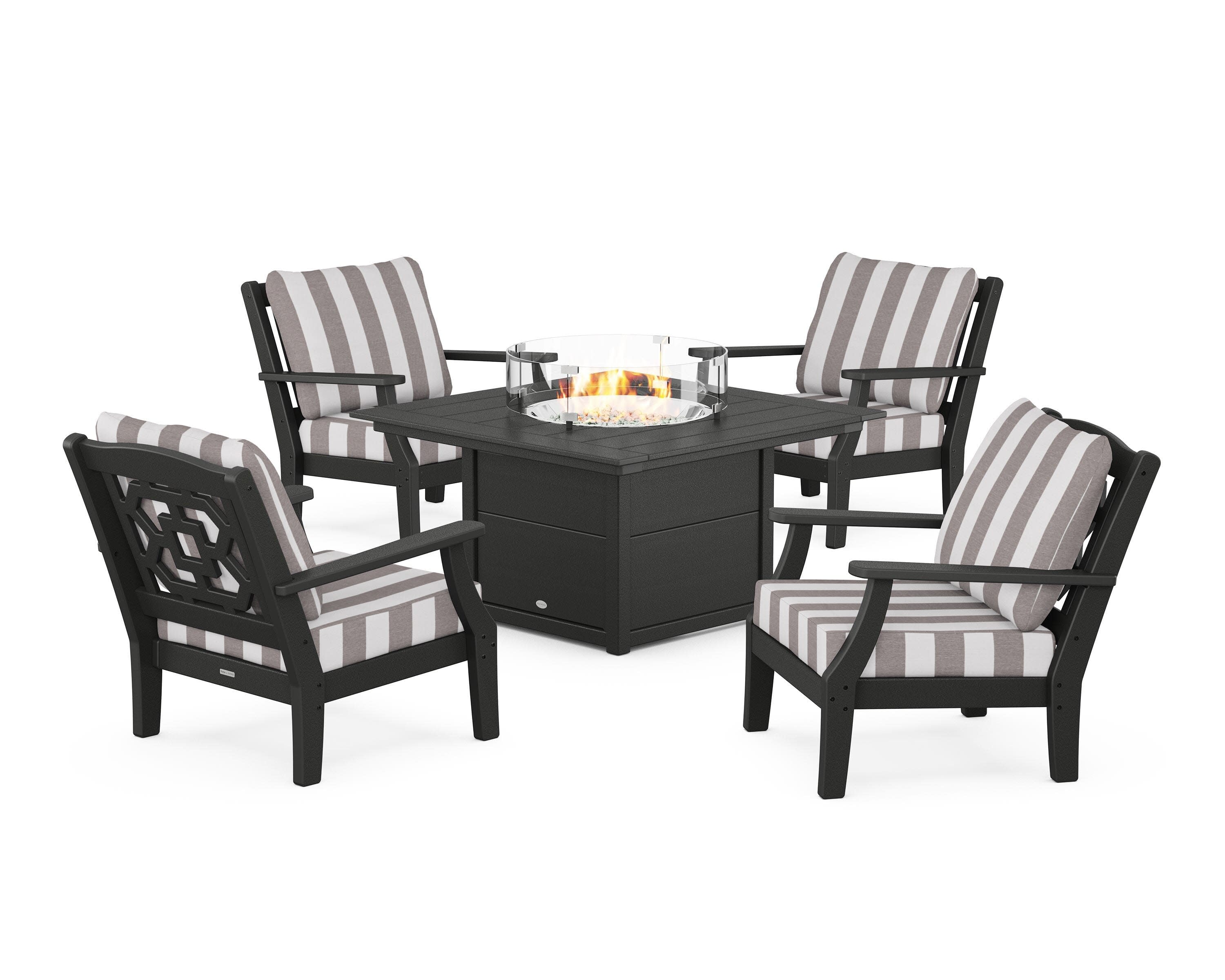 Chinoiserie 5-Piece Deep Seating Set with Fire Pit Table in Black / Cabana Stripe Grey Mist