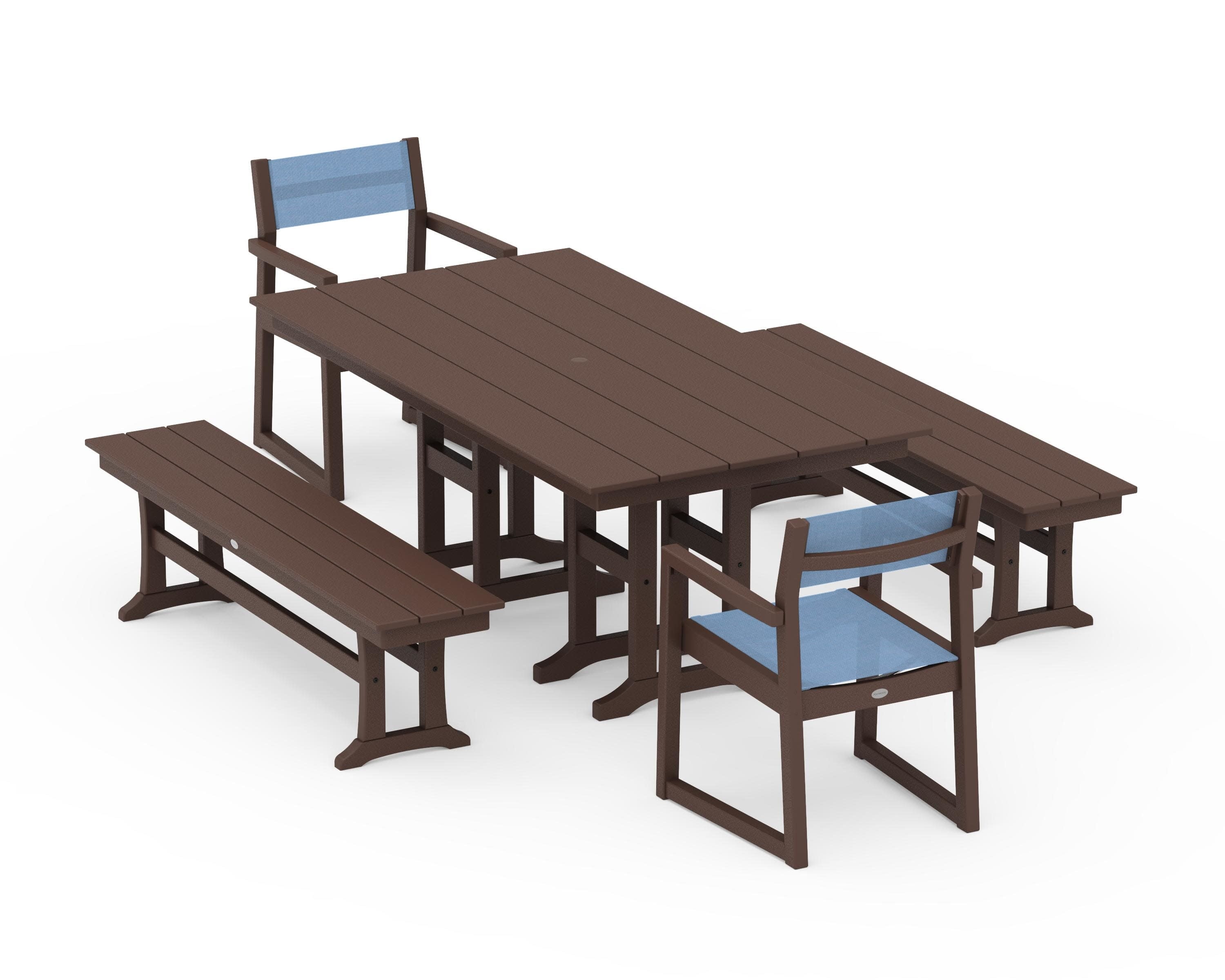 EDGE Sling Arm Chair 5-Piece Farmhouse Dining Set with Benches in Mahogany / Poolside Sling