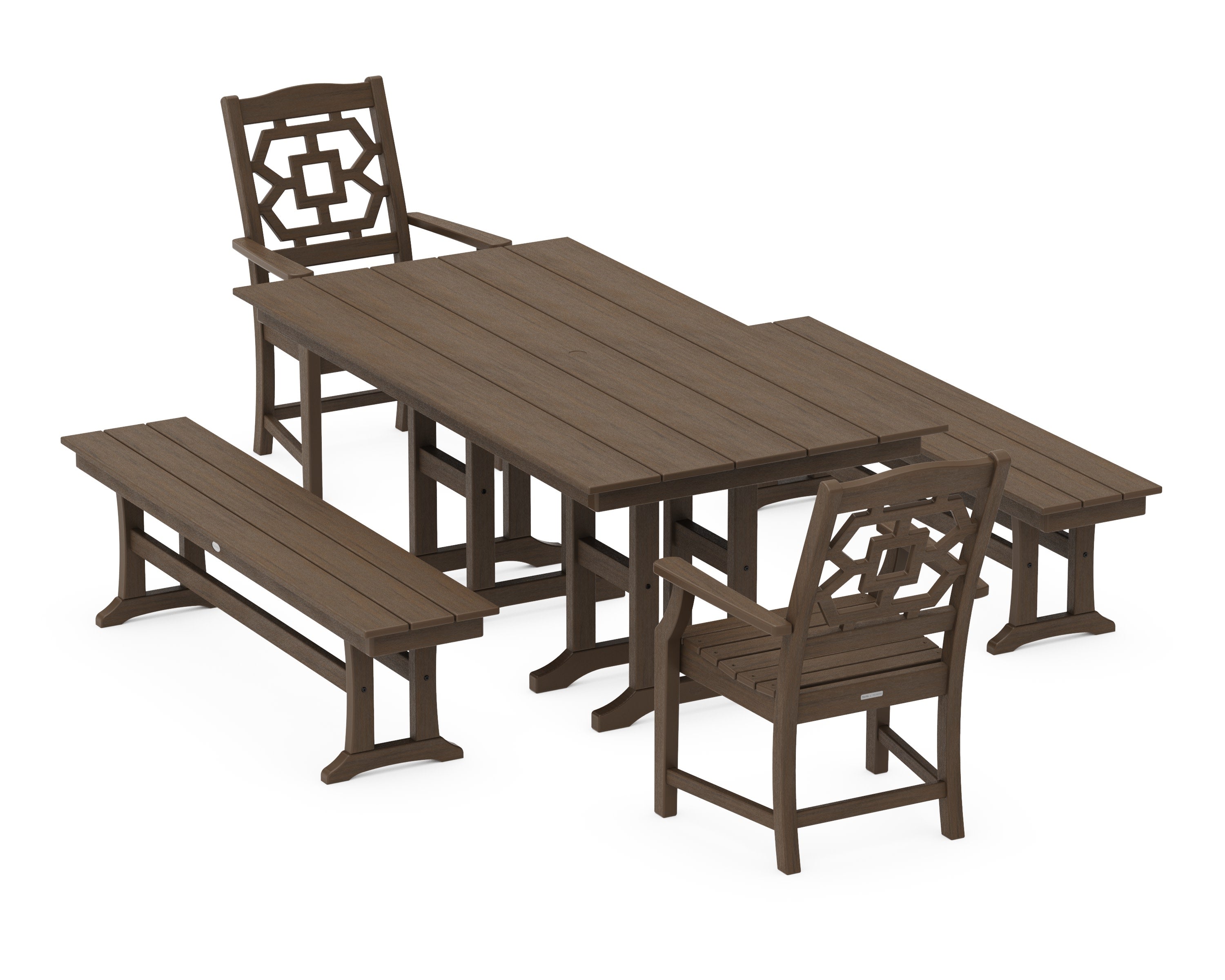 Chinoiserie 5-Piece Farmhouse Dining Set with Benches in Kona