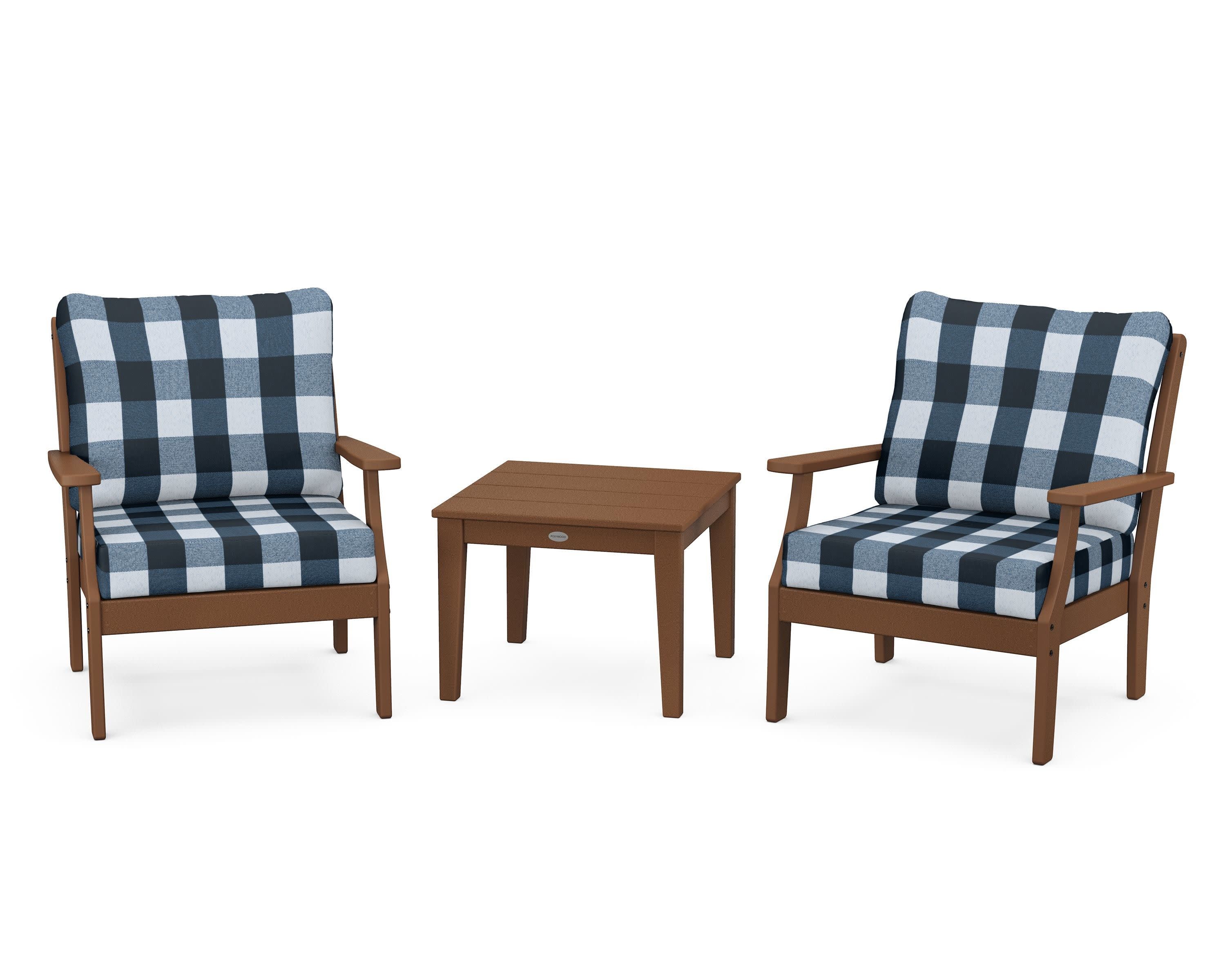 Braxton 3-Piece Deep Seating Set in Teak / Buffalo Plaid Marine Indigo