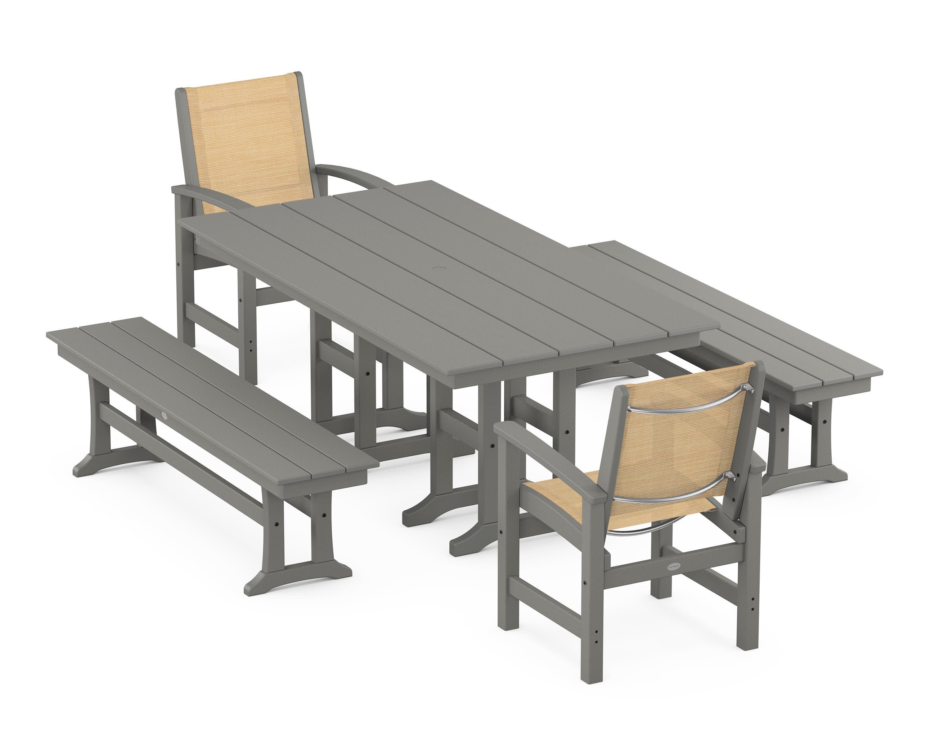 Coastal 5-Piece Farmhouse Dining Set in Slate Grey / Dupioni Apricot Sling