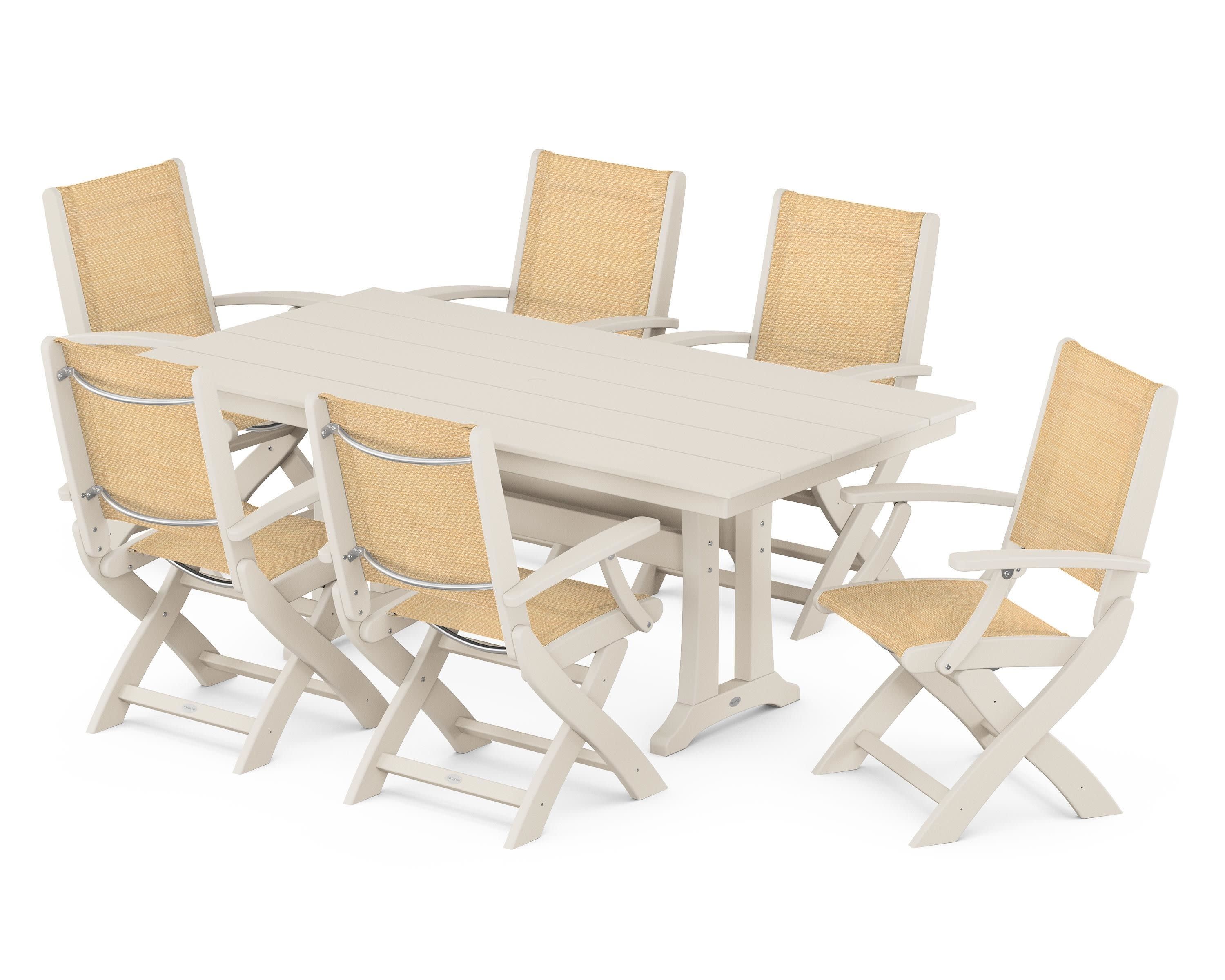 Coastal Folding Arm Chair 7-Piece Farmhouse Dining Set with Trestle Legs in Sand / Dupioni Apricot Sling