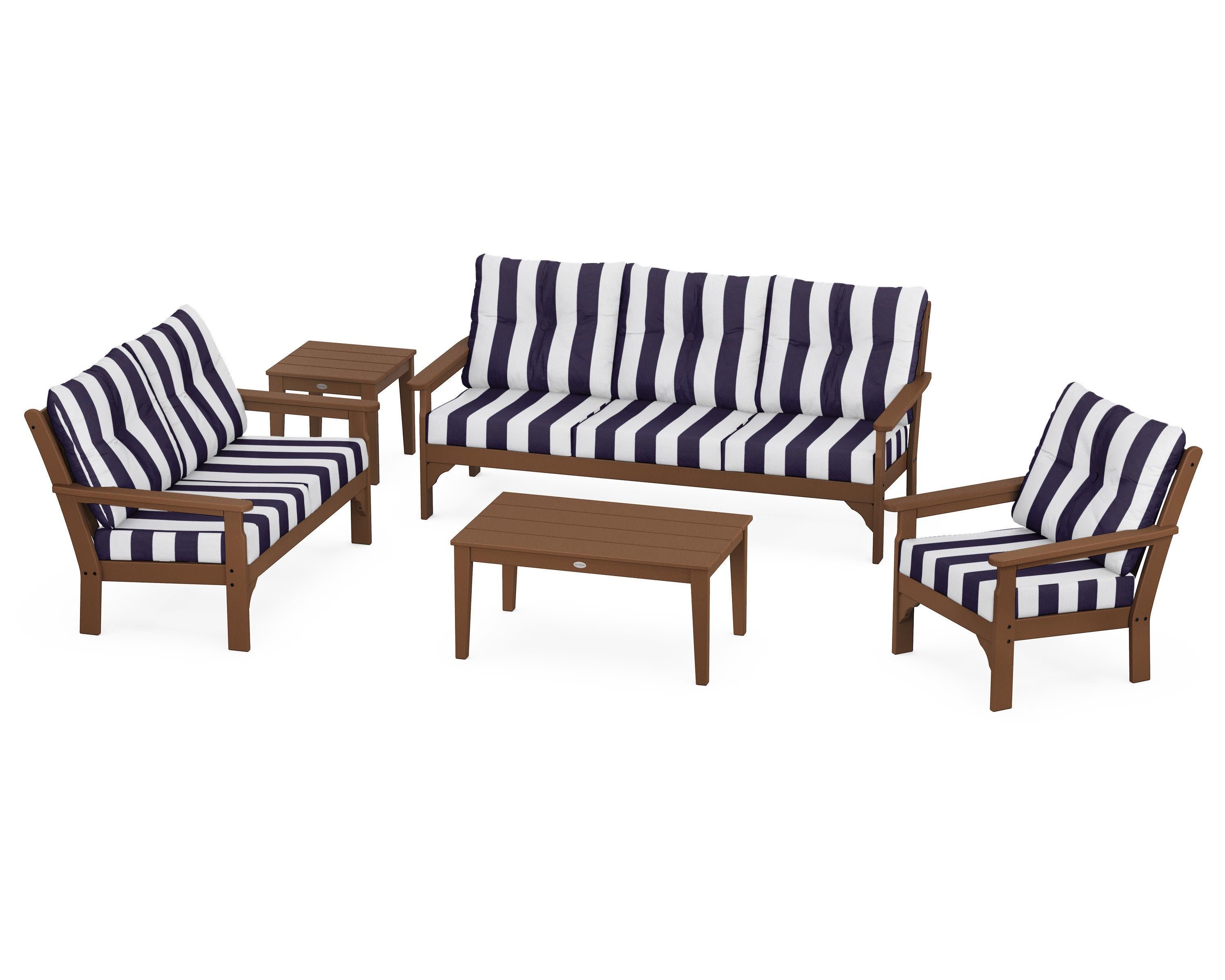 Vineyard 5 Piece Deep Seating Set in Teak / Cabana Stripe Navy