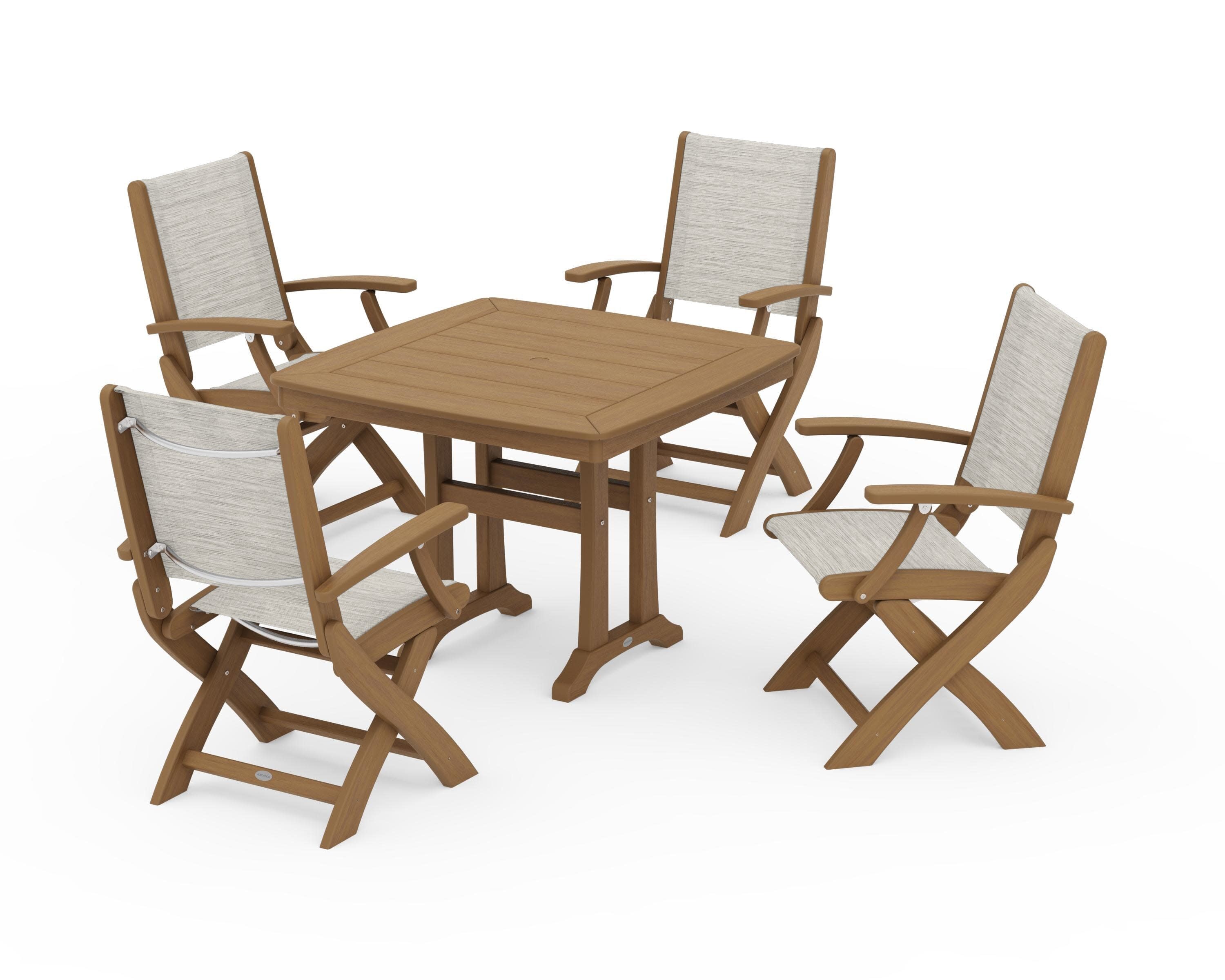Coastal Folding Chair 5-Piece Dining Set with Trestle Legs in Natural / Birch Sling