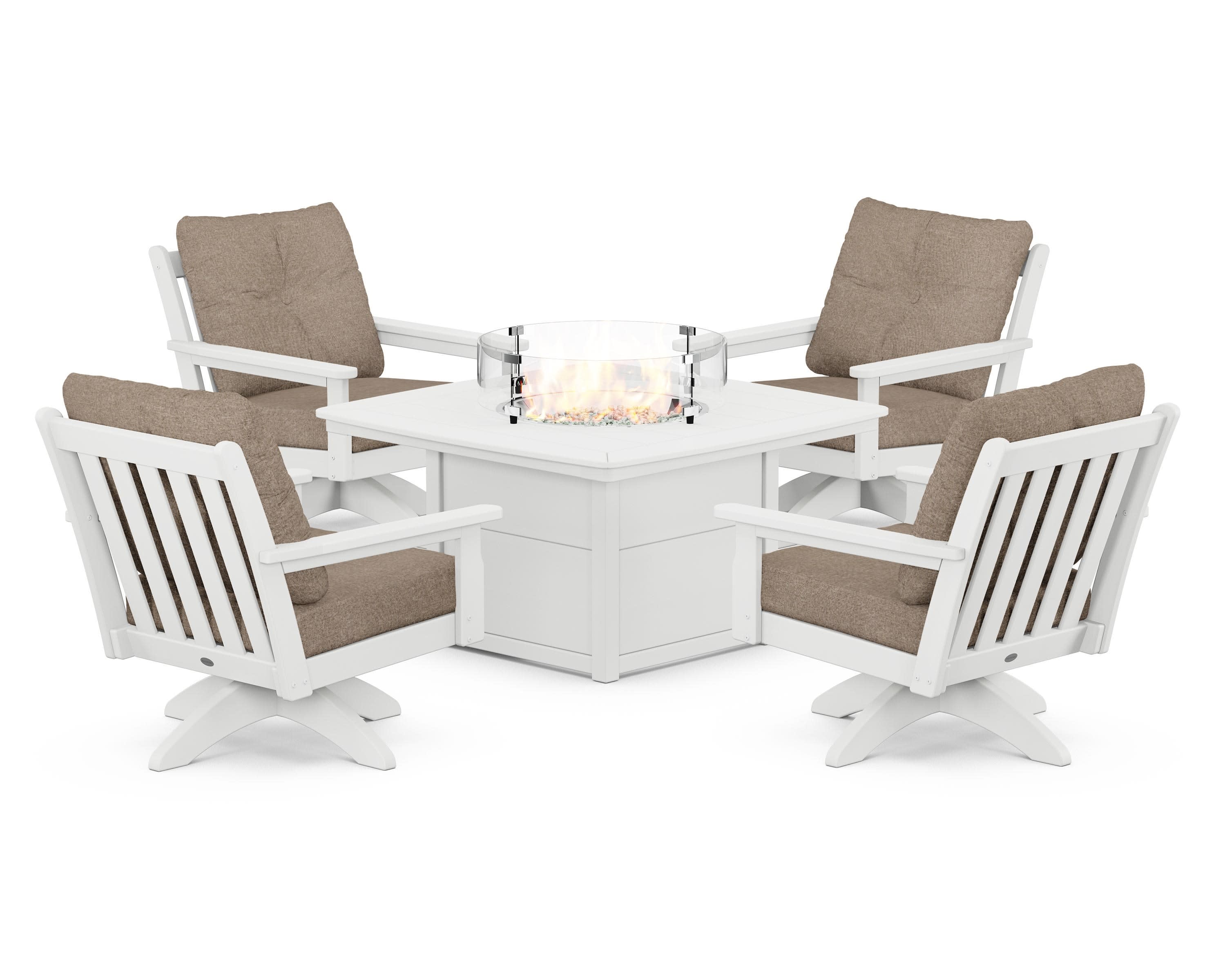 Vineyard 5-Piece Deep Seating Swivel Conversation Set with Fire Pit Table in White / Spiced Burlap