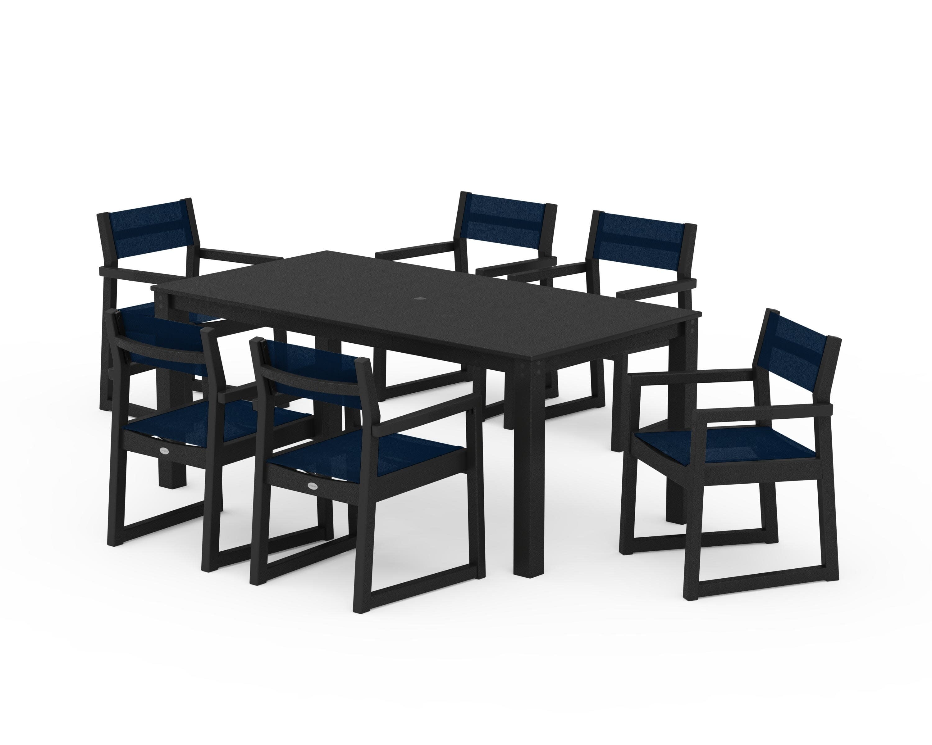 EDGE Sling Arm Chair 7-Piece Parsons Dining Set in Black / Navy Blue Sling