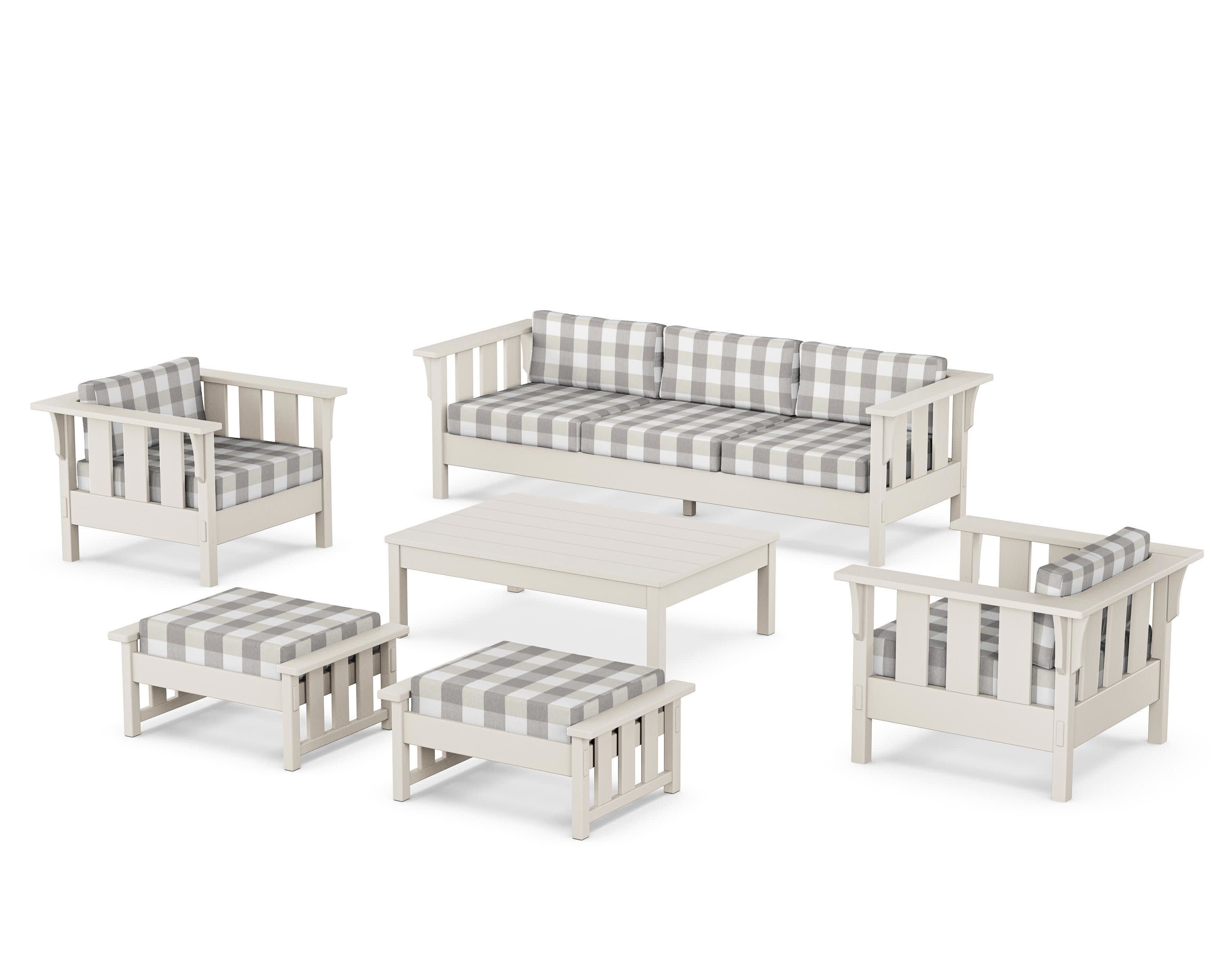 Acadia 6-Piece Lounge Sofa Set in Sand / Buffalo Plaid Grey Mist