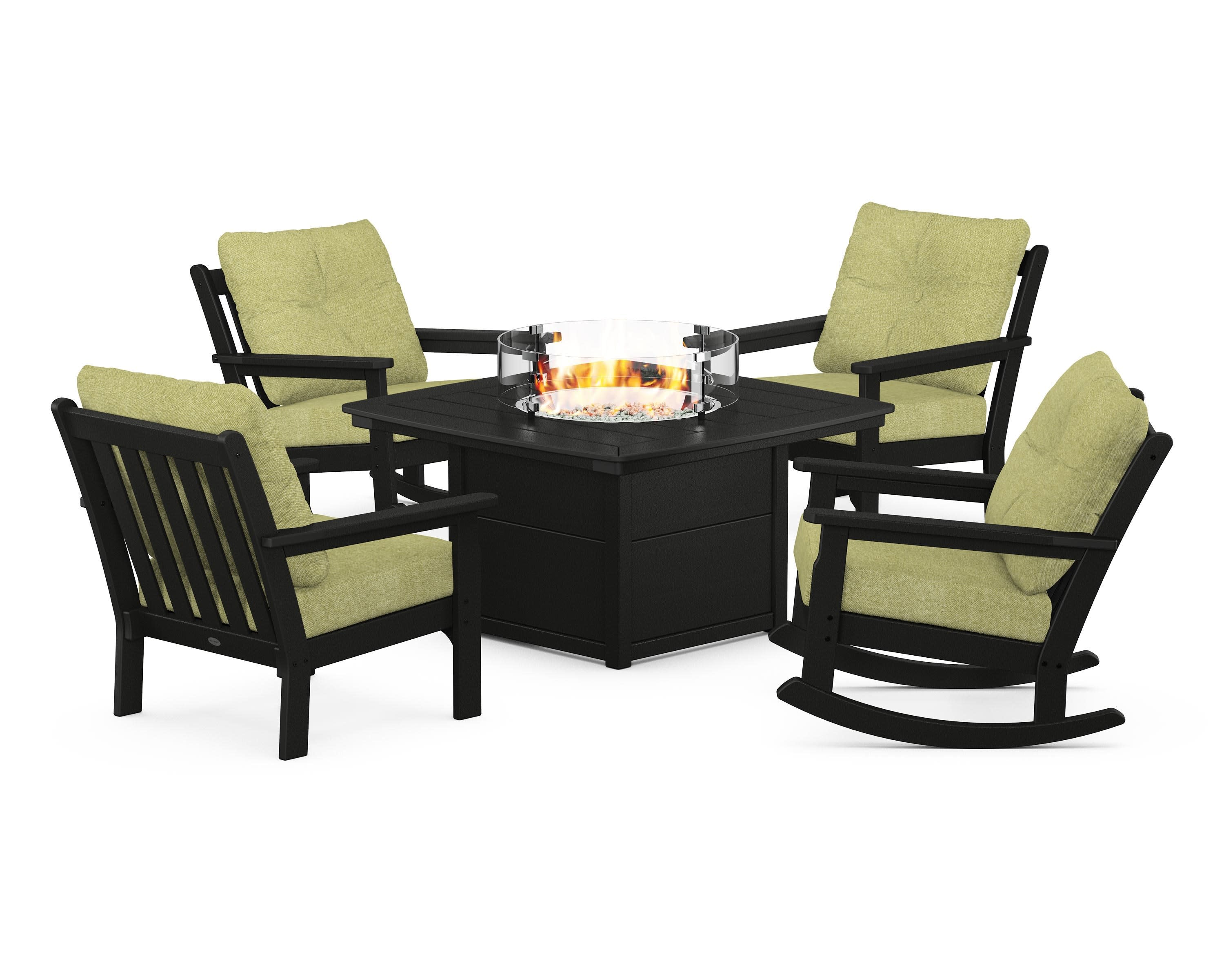 Vineyard 5-Piece Deep Seating Rocking Chair Conversation Set with Fire Pit Table in Black / Chartreuse Boucle