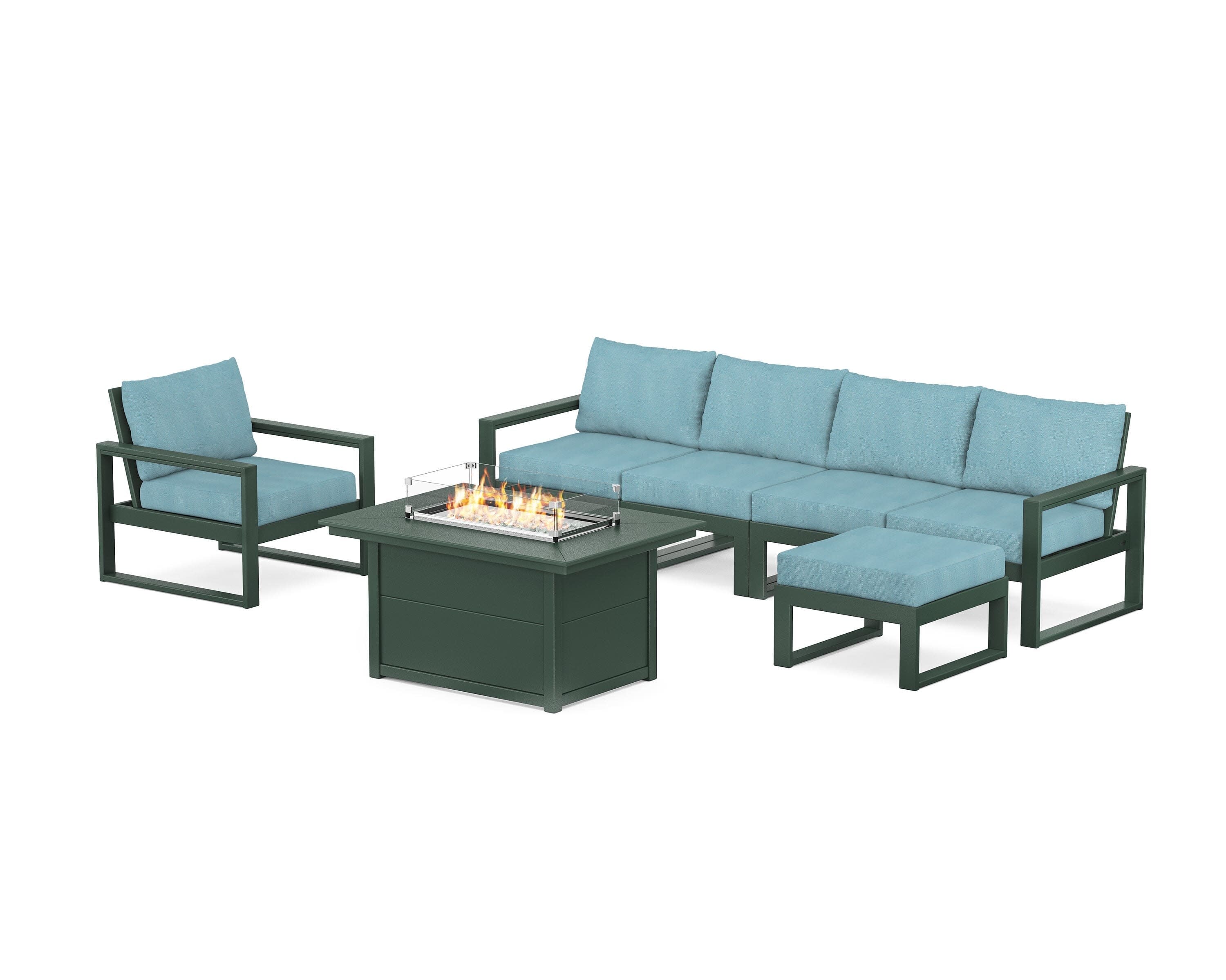 EDGE Sectional Lounge and Fire Pit Set in Green / Lattice Sky Blue