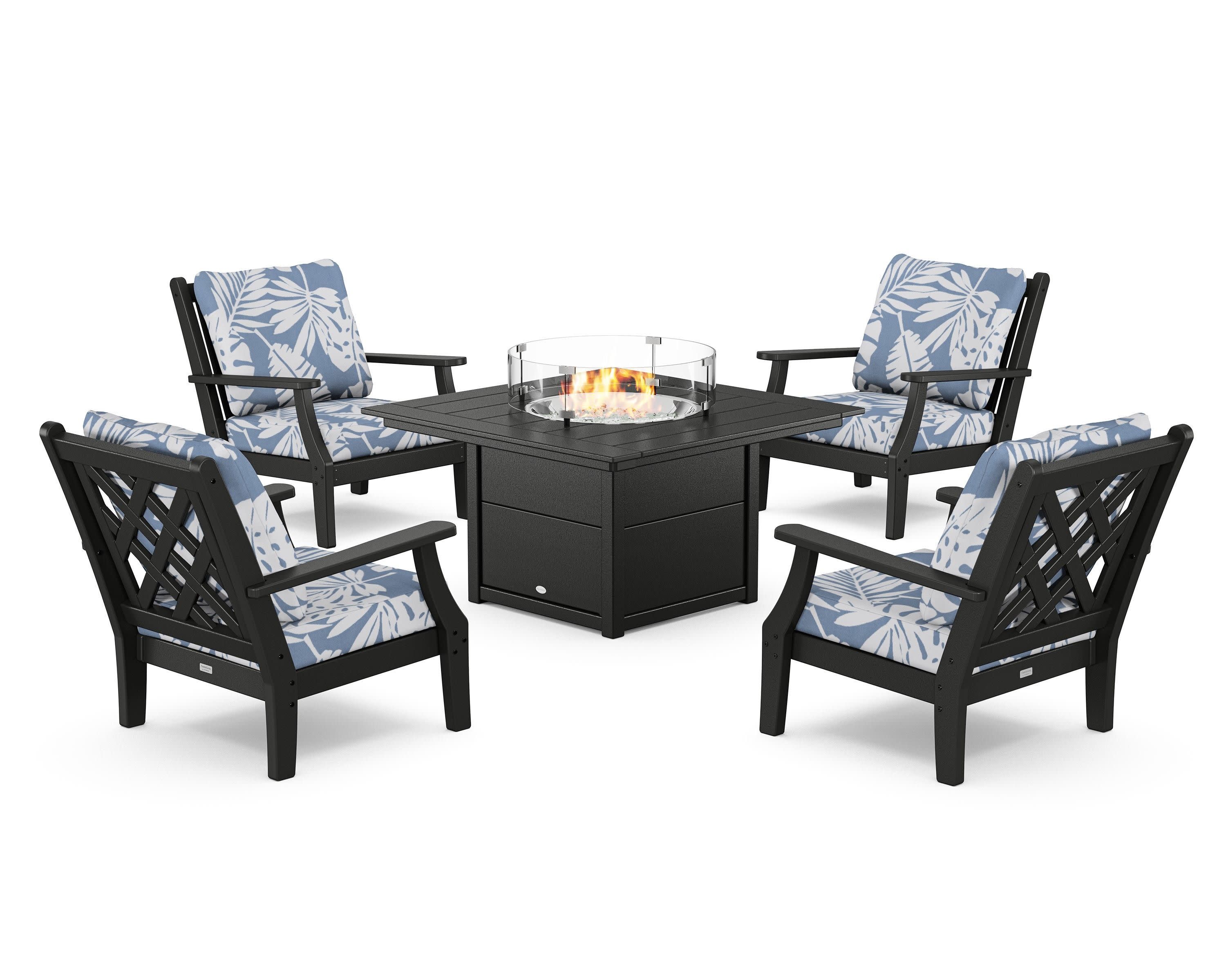 Wovendale 5-Piece Deep Seating Set with Fire Pit Table in Black / Leaf Sky Blue