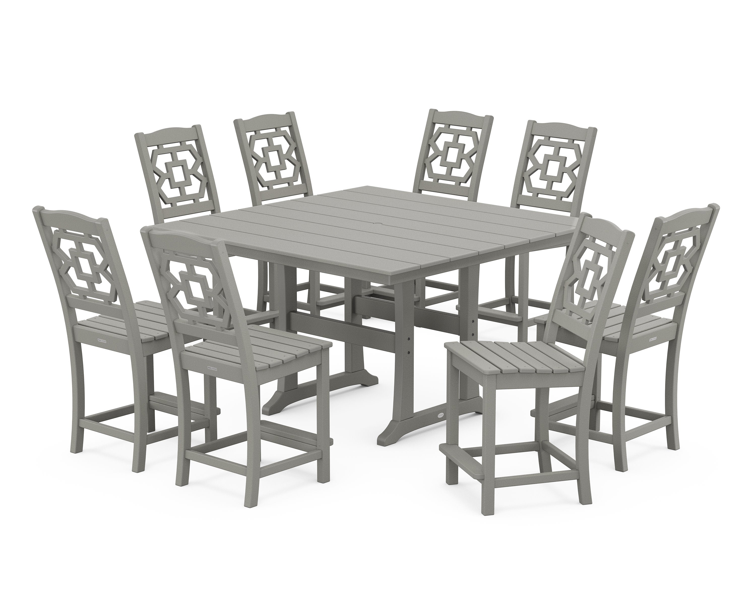 Chinoiserie 9-Piece Square Farmhouse Side Chair Counter Set with Trestle Legs in Slate Grey