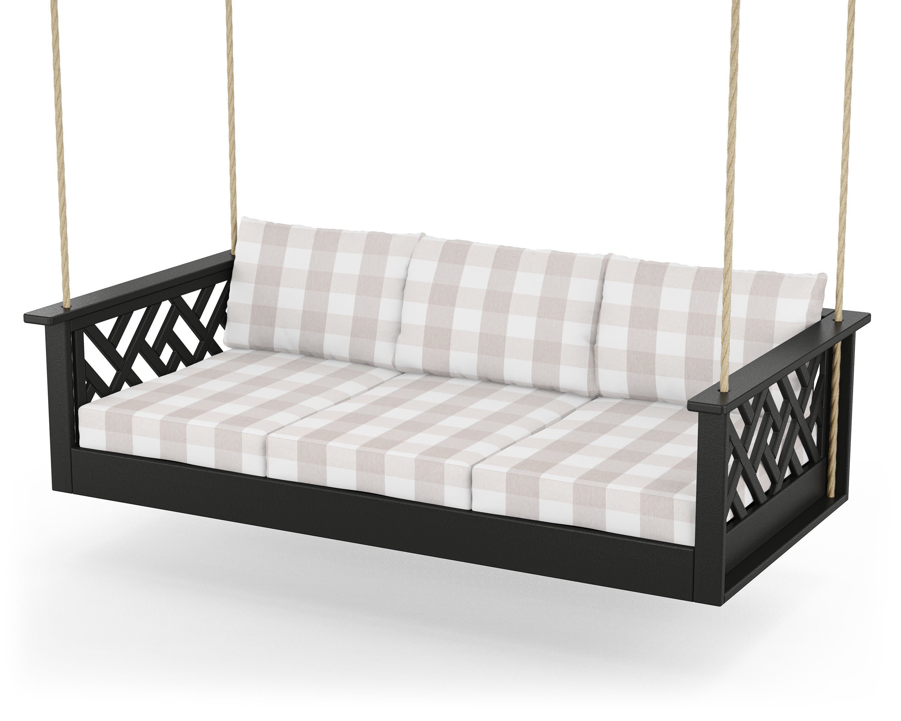 Chippendale Daybed Swing in Black / Buffalo Plaid Dune Burlap