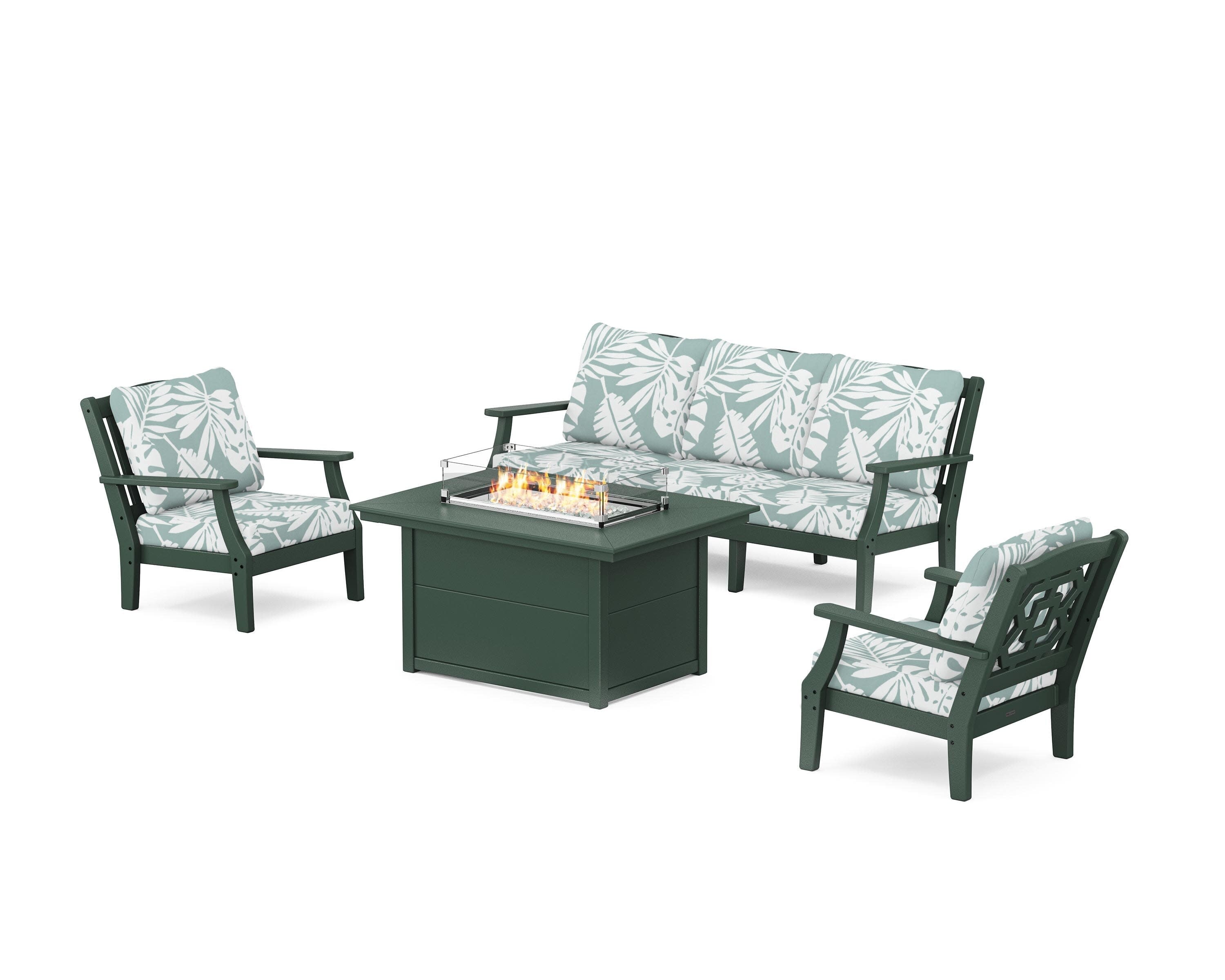 Chinoiserie Deep Seating Fire Pit Table Set in Green / Leaf Glacier Spa