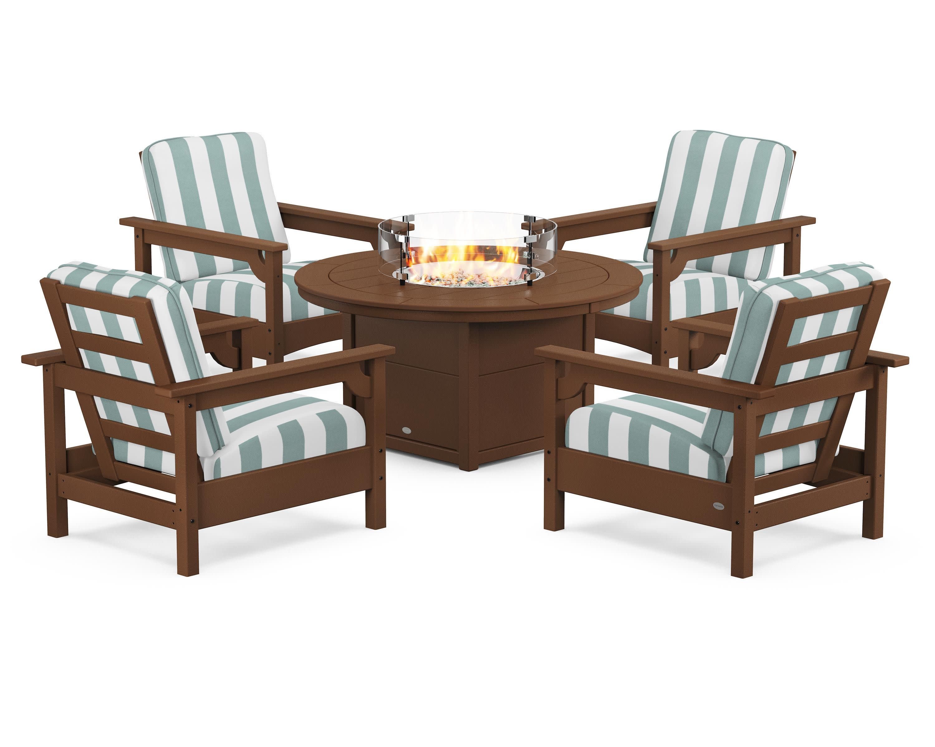 Club 5-Piece Conversation Set with Fire Pit Table in Teak / Cabana Stripe Glacier Spa