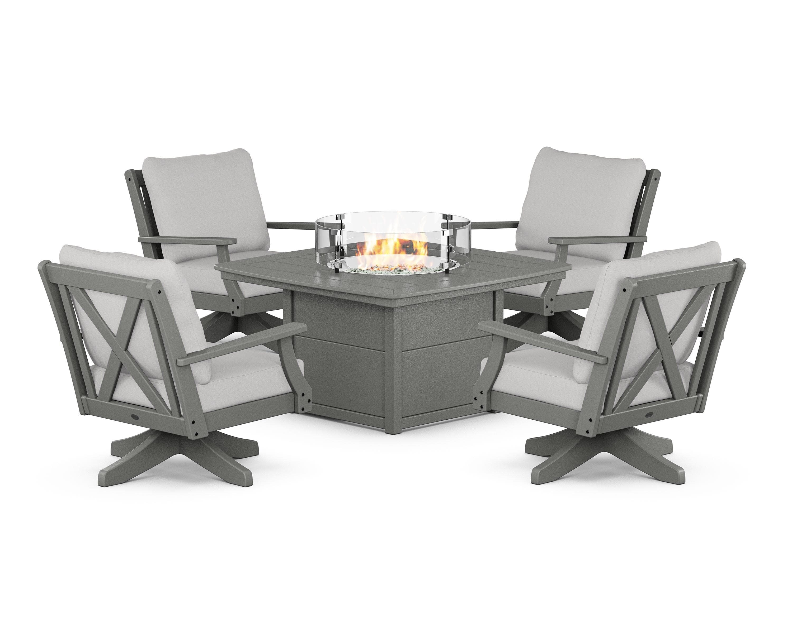 Braxton 5-Piece Deep Seating Swivel Conversation Set with Fire Pit Table in Slate Grey / Diamond in the Rough