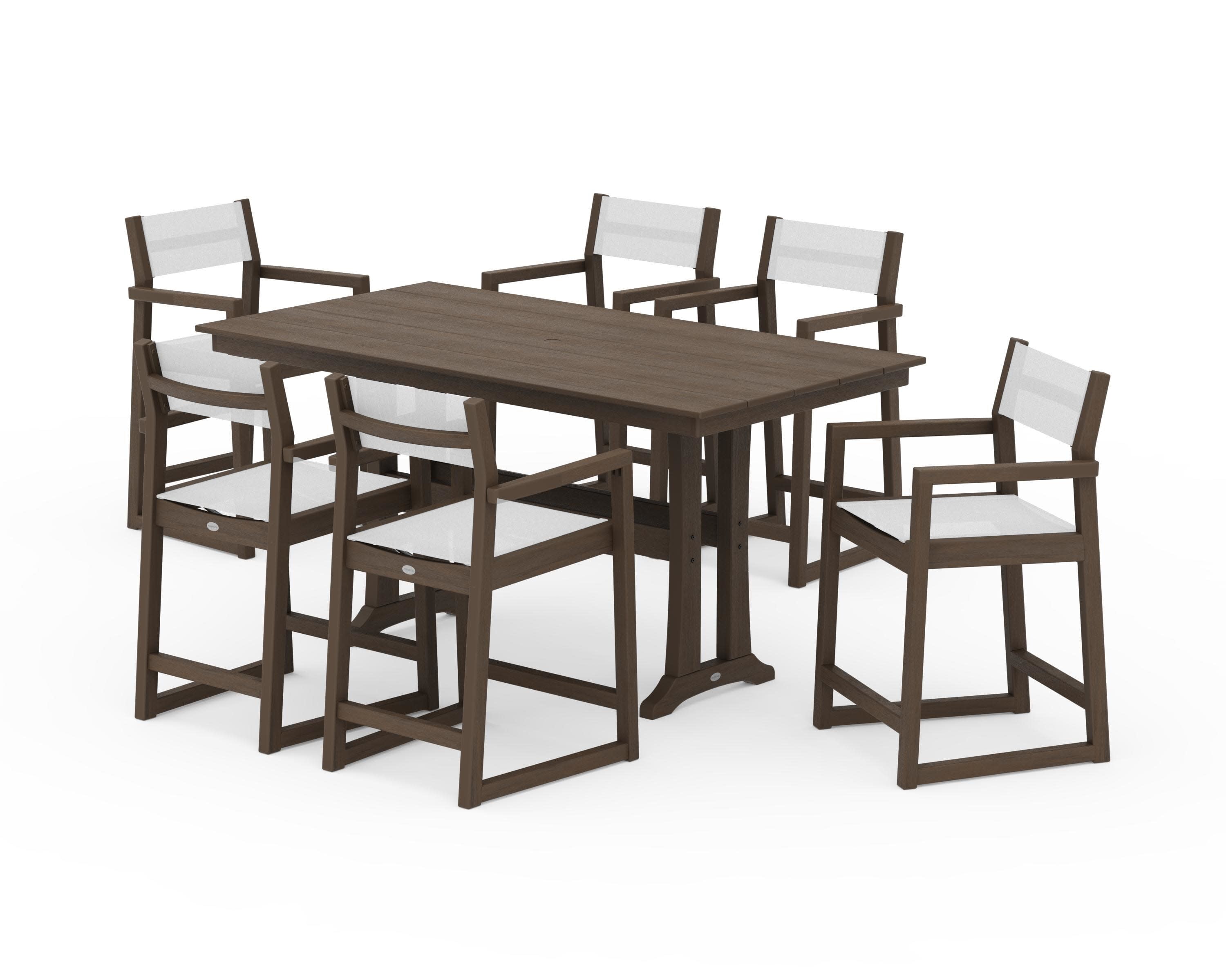 EDGE Sling Arm Chair 7-Piece Farmhouse Counter Set with Trestle Legs in Kona / White Sling