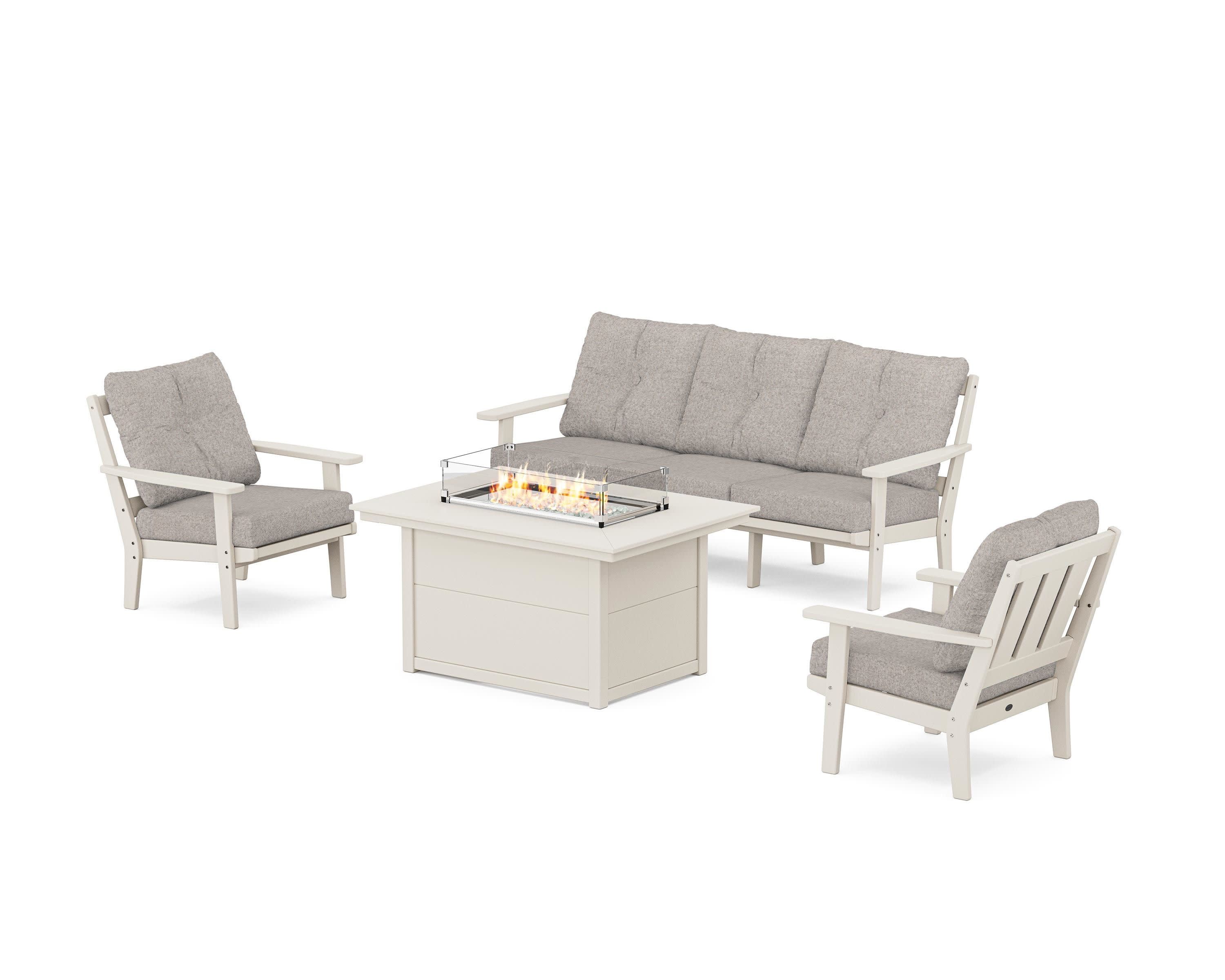 Oxford Deep Seating Fire Pit Table Set in Sand / Weathered Tweed
