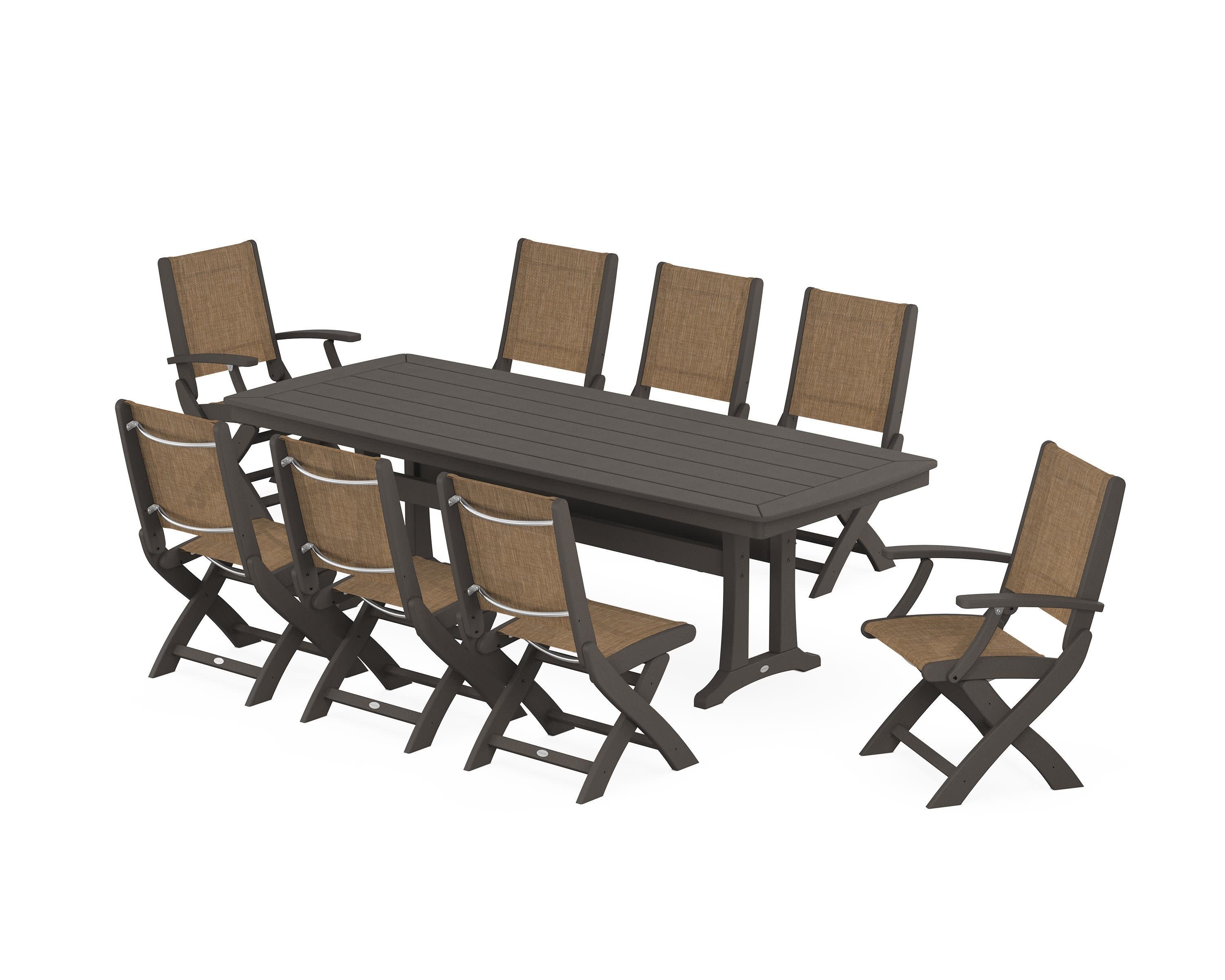 Coastal Folding 9-Piece Dining Set with Trestle Legs in Vintage Coffee / Burlap Sling