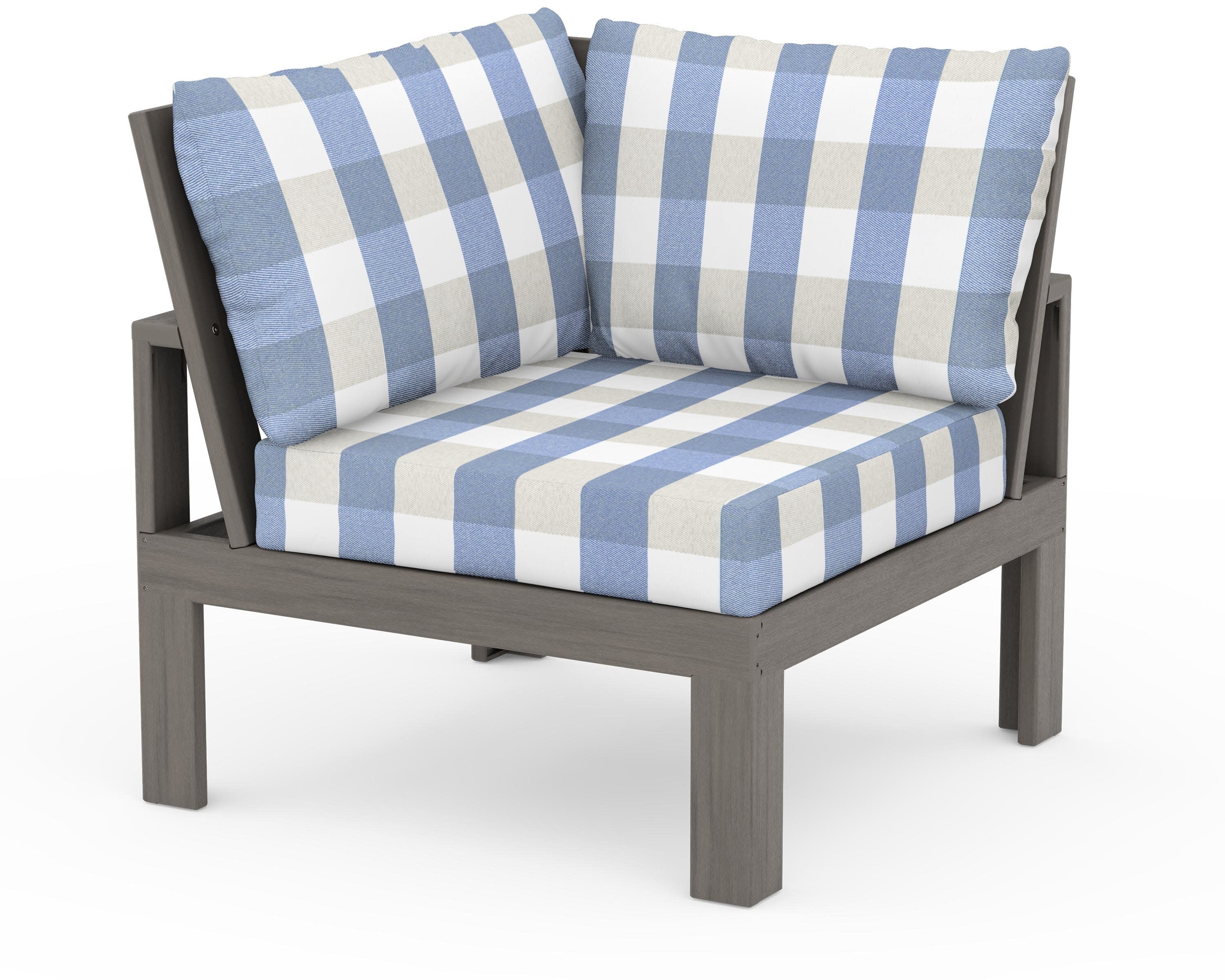 Modular Corner Chair in Driftwood / Buffalo Plaid Sky Blue