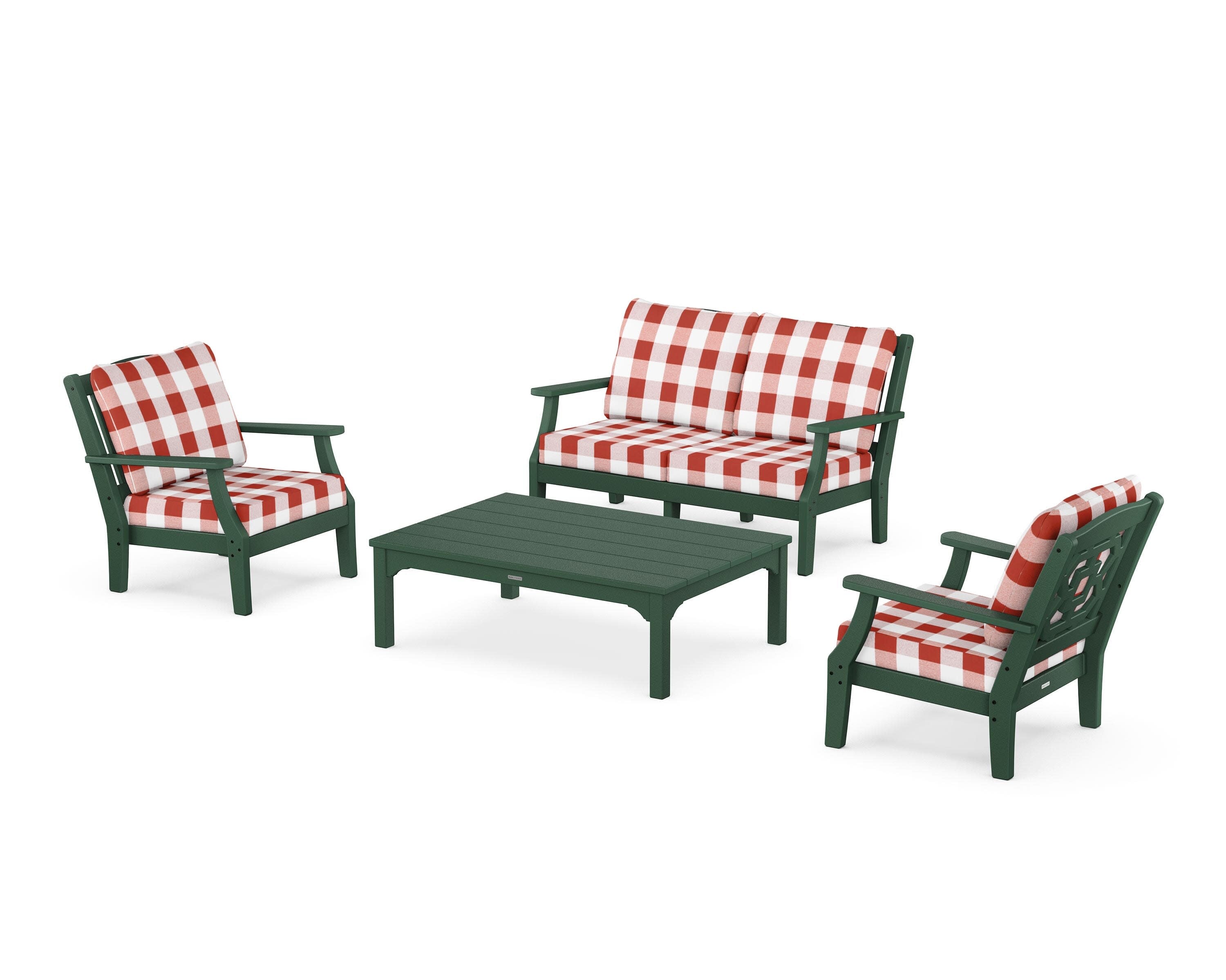 Chinoiserie 4-Piece Deep Seating Set with Loveseat in Green / Buffalo Plaid Crimson