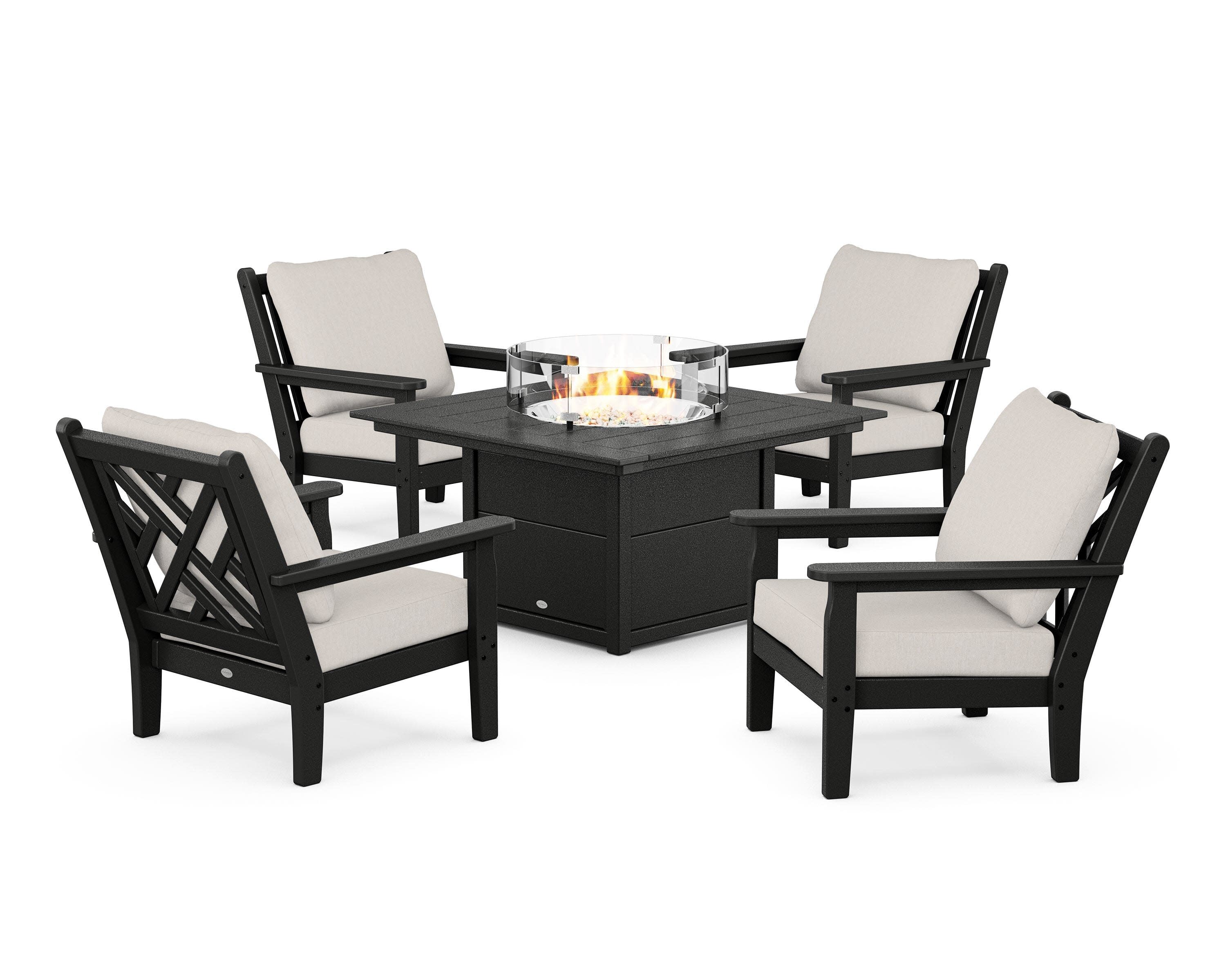 Chippendale 5-Piece Deep Seating Set with Fire Pit Table in Black / Cast Ash