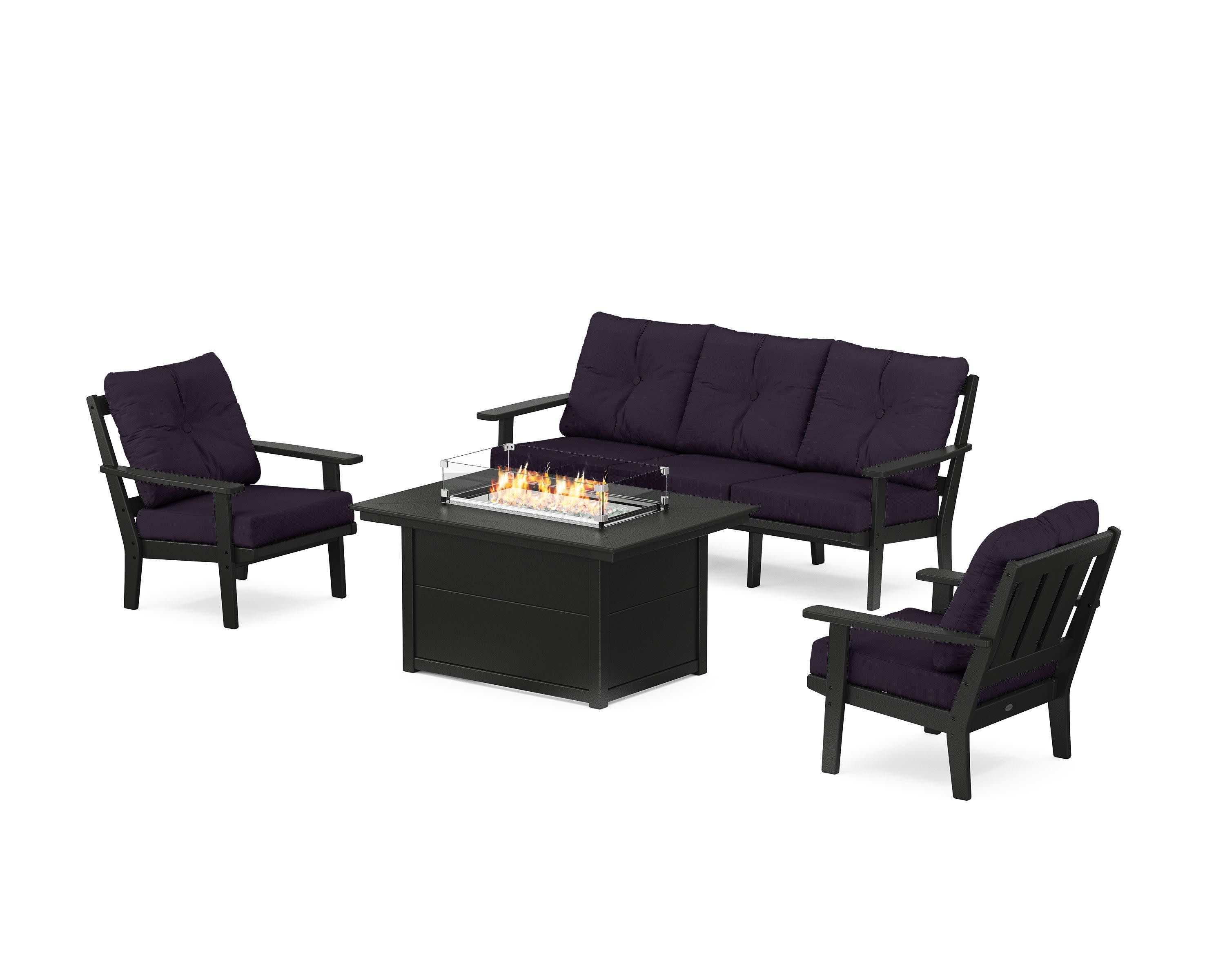 Oxford Deep Seating Fire Pit Table Set in Black / Navy Linen