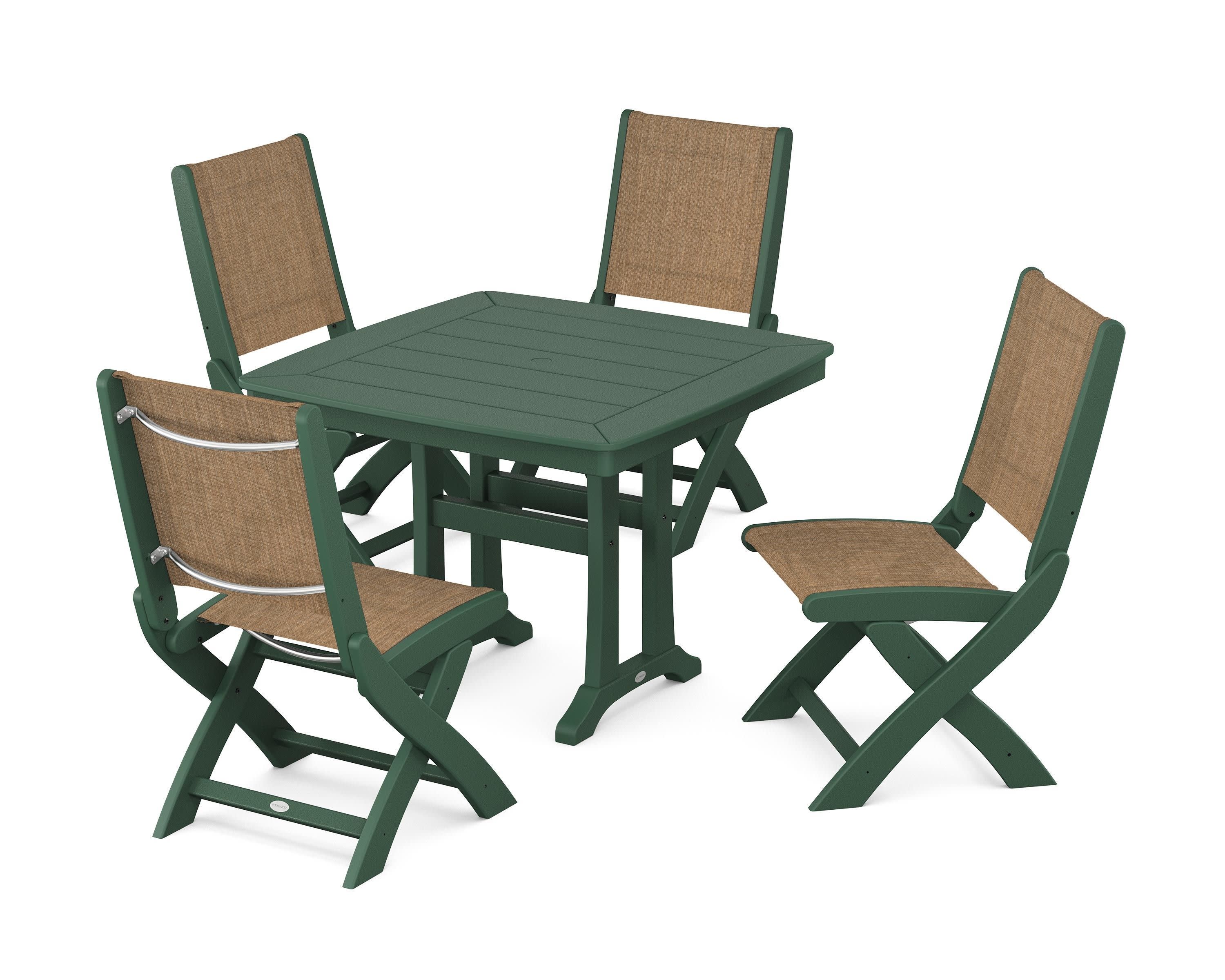 Coastal Folding Side Chair 5-Piece Dining Set with Trestle Legs in Green / Burlap Sling