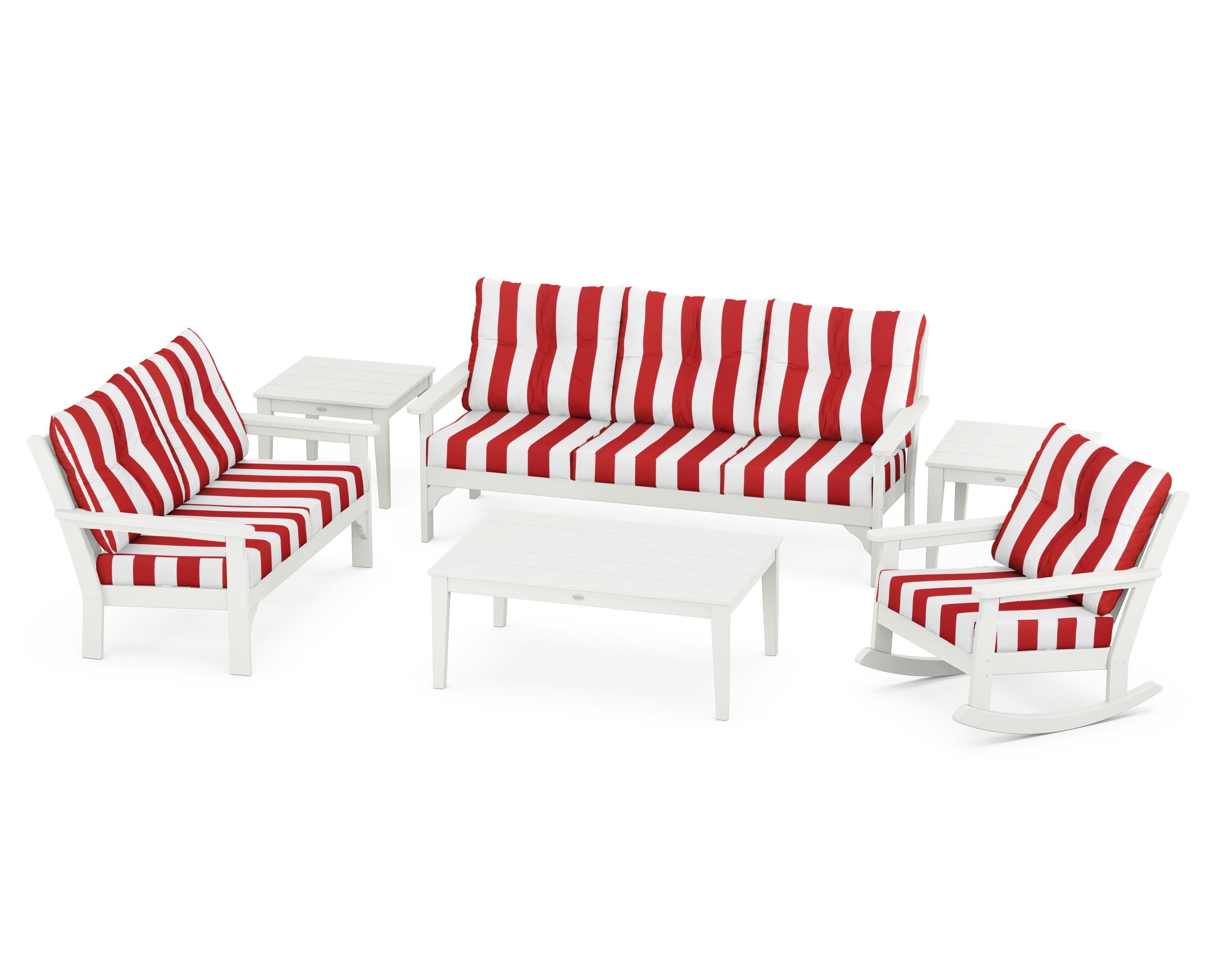 Vineyard 6-Piece Deep Seating Set in Vintage White / Cabana Stripe Crimson