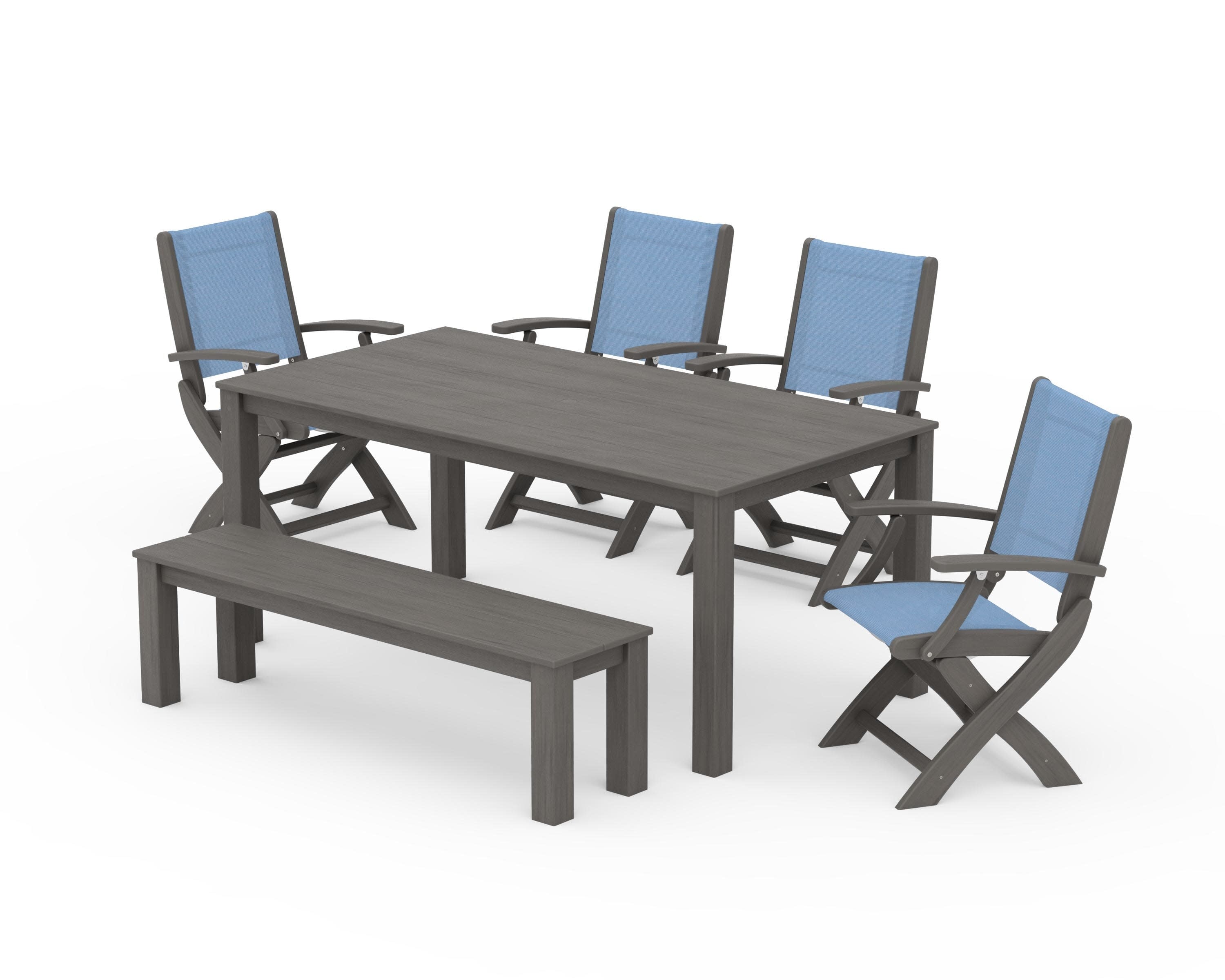 Coastal Folding Chair 6-Piece Parsons Dining Set with Bench in Driftwood / Poolside Sling