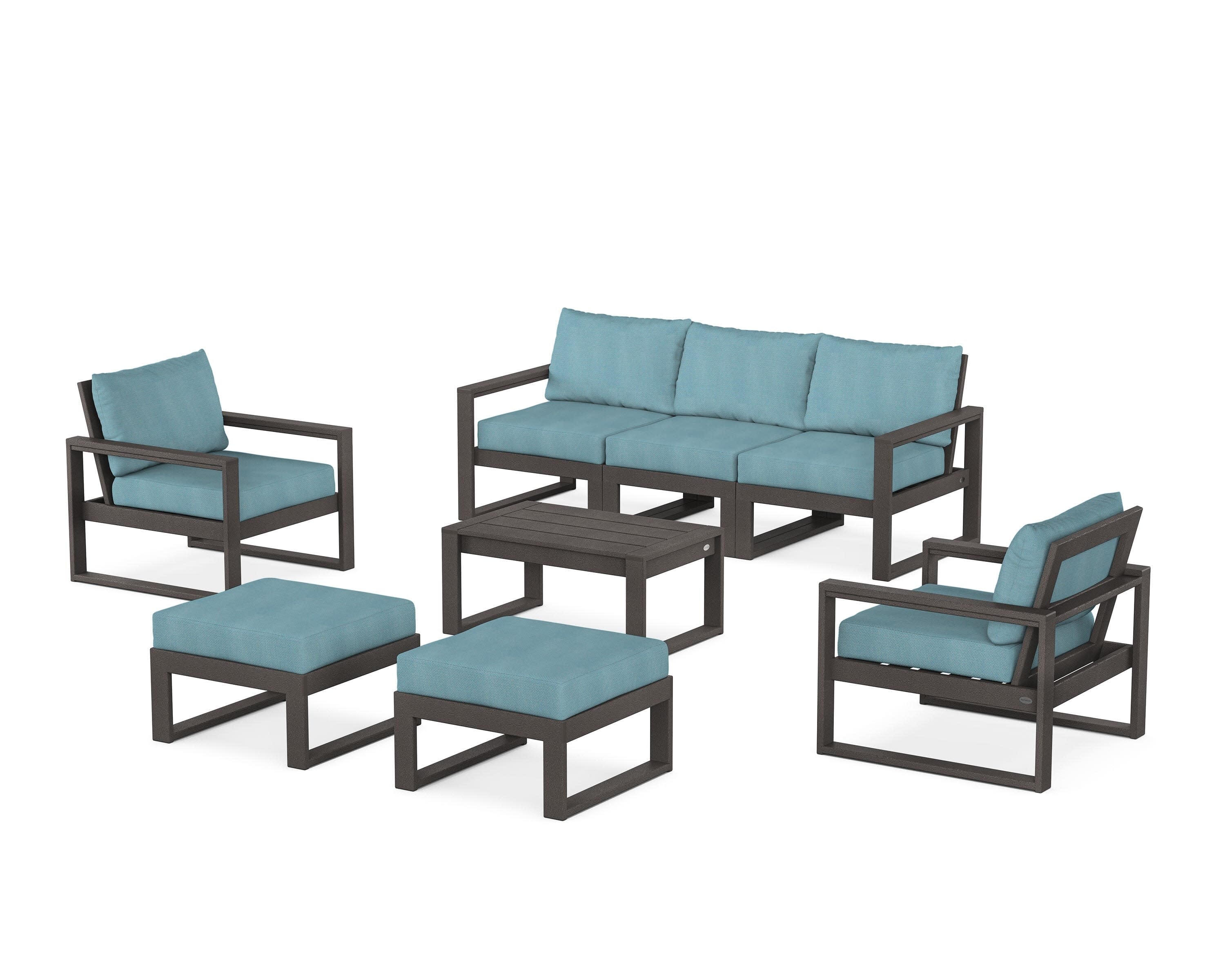 EDGE Sectional 8-Piece Lounge Sofa Set in Vintage Coffee / Lattice Sky Blue