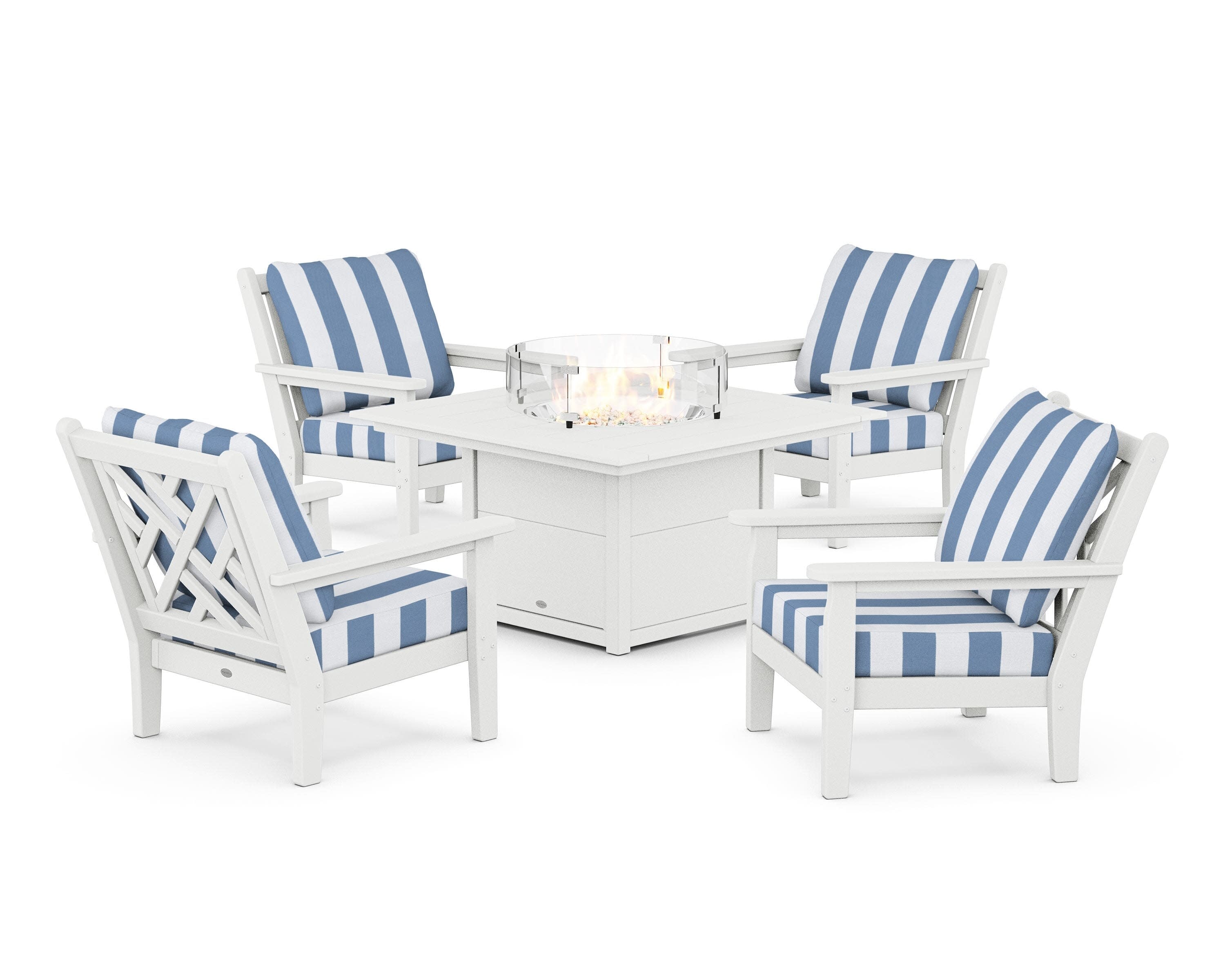 Chippendale 5-Piece Deep Seating Set with Fire Pit Table in White / Cabana Stripe Sky Blue
