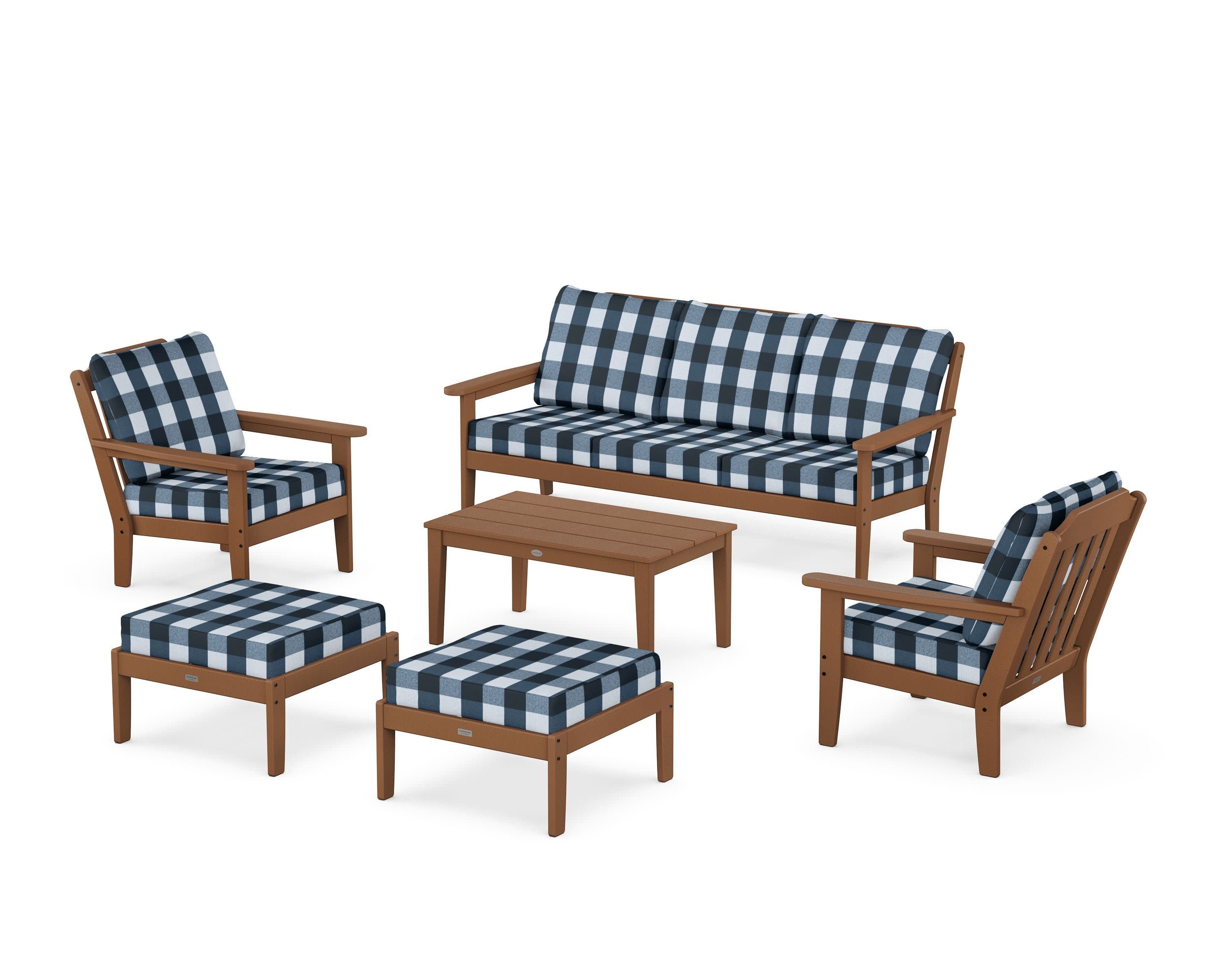 Cottage 6-Piece Lounge Sofa Set in Teak / Buffalo Plaid Marine Indigo