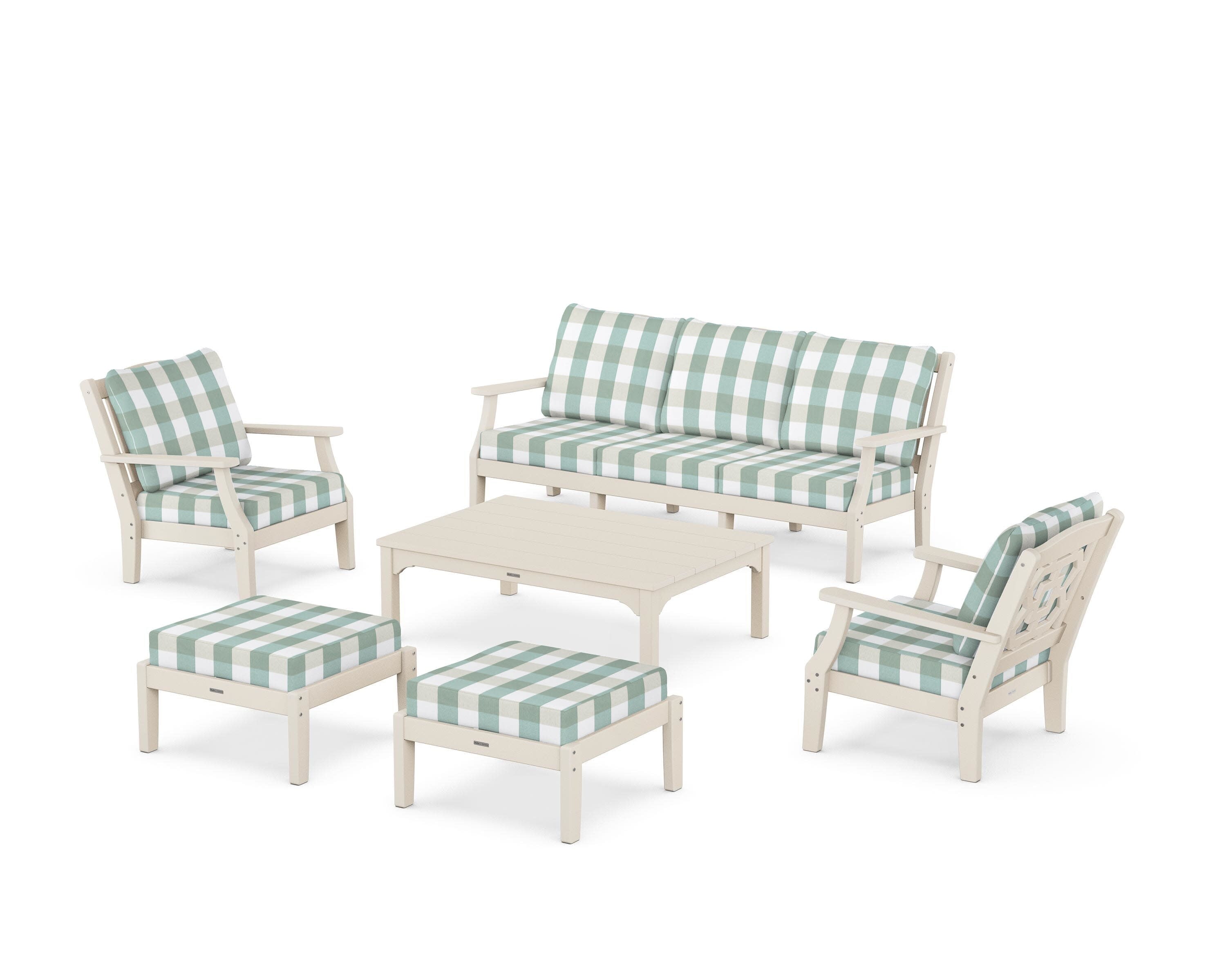 Chinoiserie 6-Piece Lounge Sofa Set in Sand / Buffalo Plaid Glacier Spa