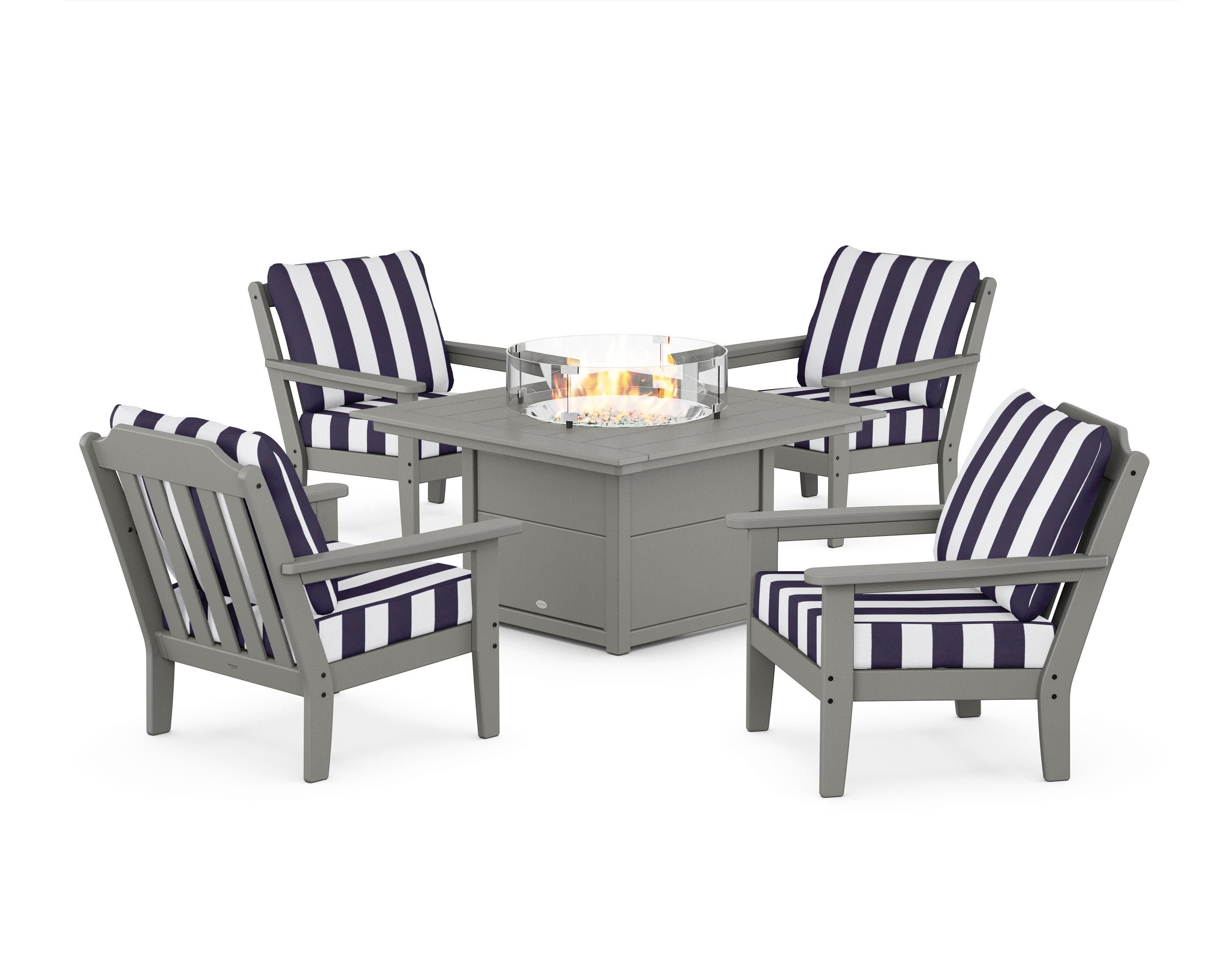 Cottage 5-Piece Deep Seating Set with Fire Pit Table in Slate Grey / Cabana Stripe Navy