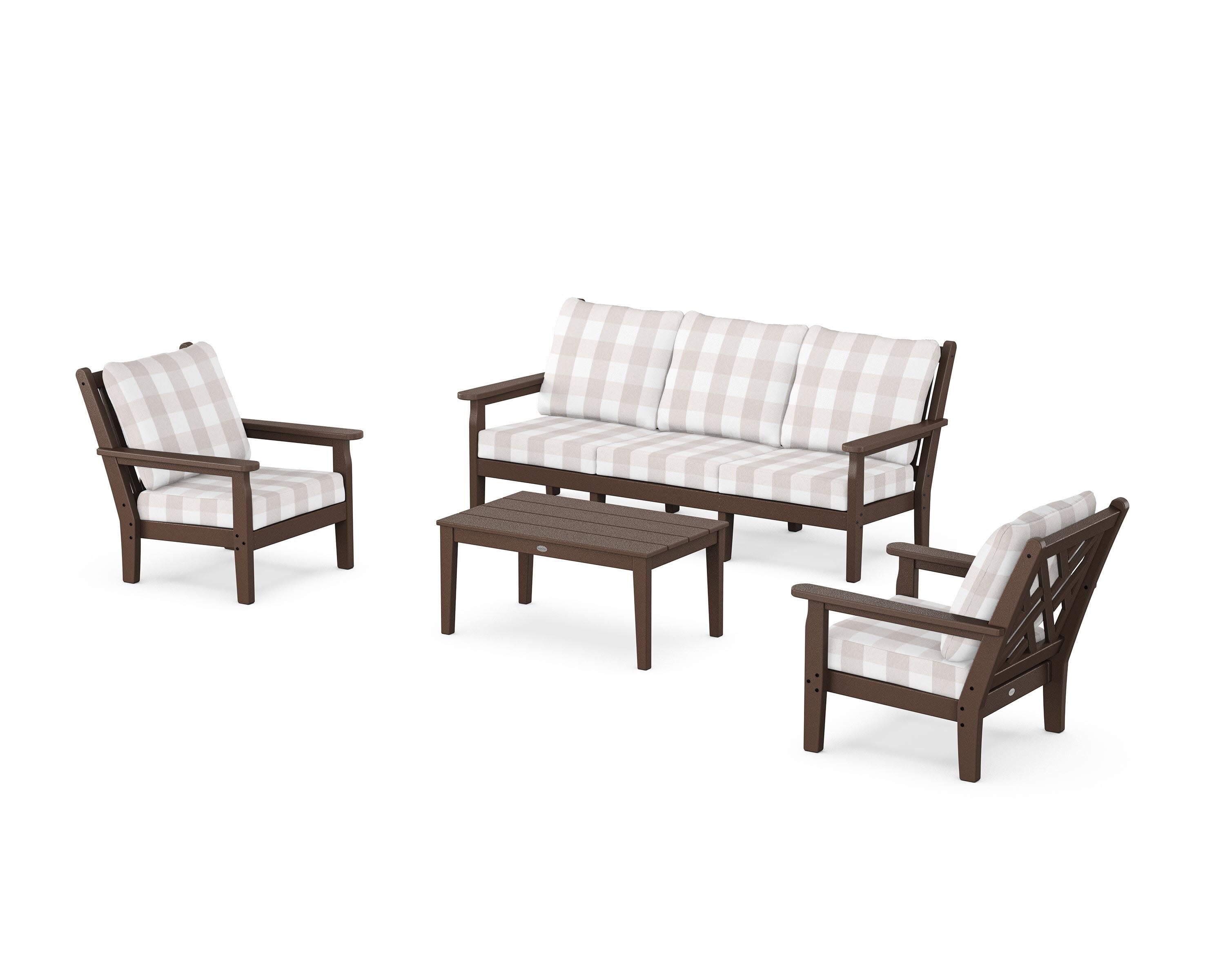 Chippendale 4-Piece Deep Seating Set with Sofa in Mahogany / Buffalo Plaid Dune Burlap