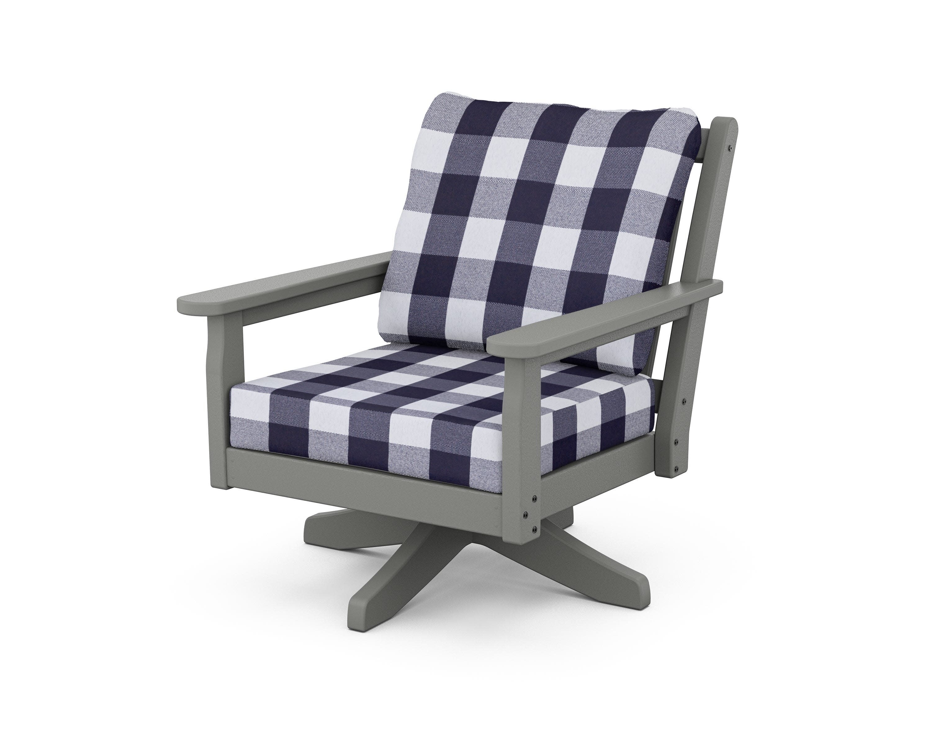 Chippendale Deep Seating Swivel Chair in Slate Grey / Buffalo Plaid Navy