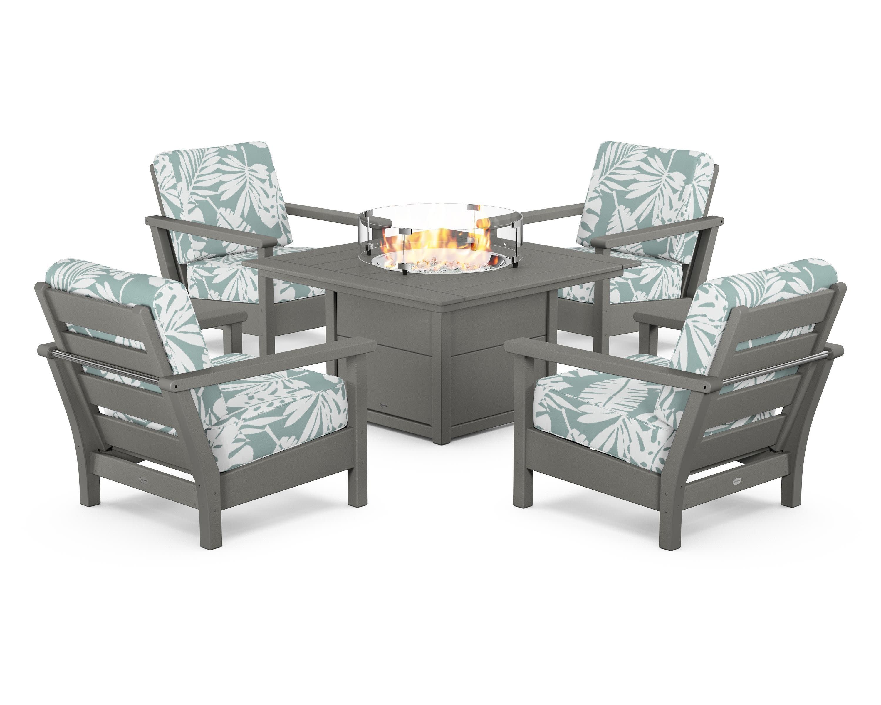 Harbour 5-Piece Conversation Set with Fire Pit Table in Slate Grey / Leaf Glacier Spa