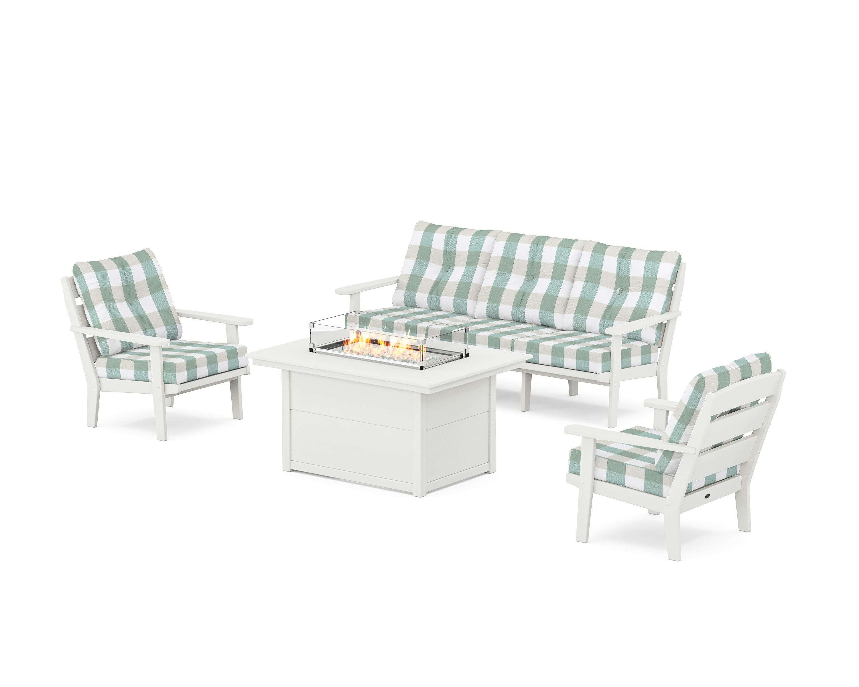 Lakeside Deep Seating Fire Pit Table Set in Vintage White / Buffalo Plaid Glacier Spa