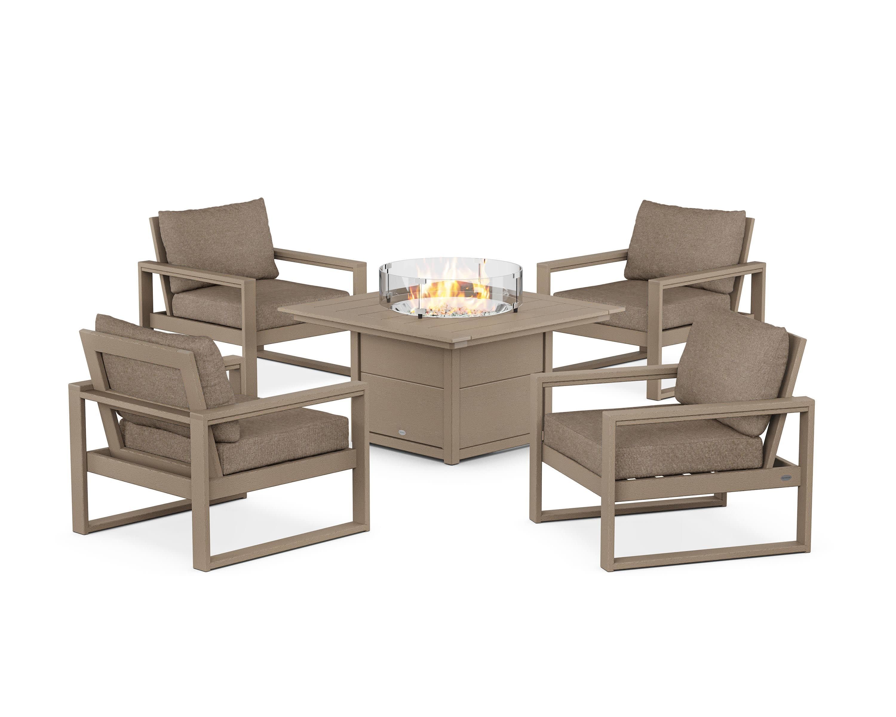 EDGE Sectional 5-Piece Deep Seating Set with Fire Pit Table in Vintage Sahara / Spiced Burlap
