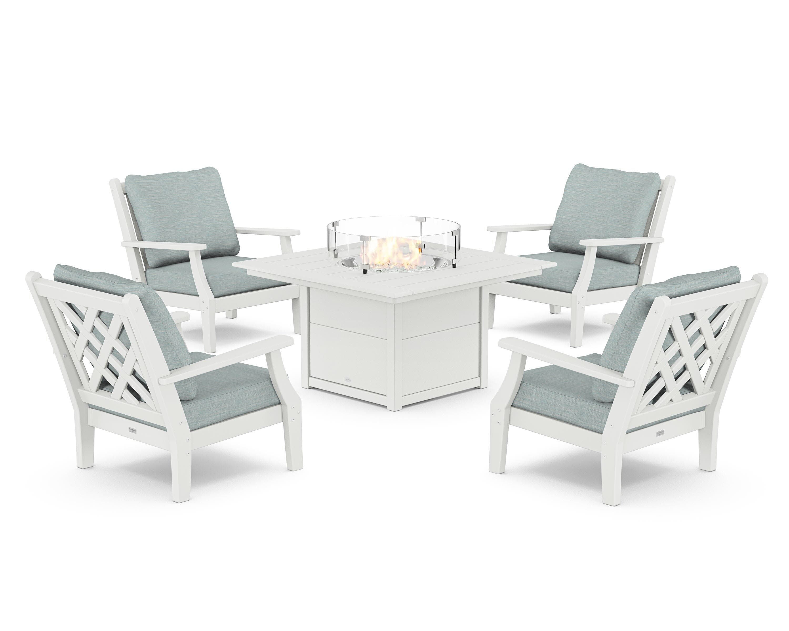 Wovendale 5-Piece Deep Seating Set with Fire Pit Table in White / Soothe Mist