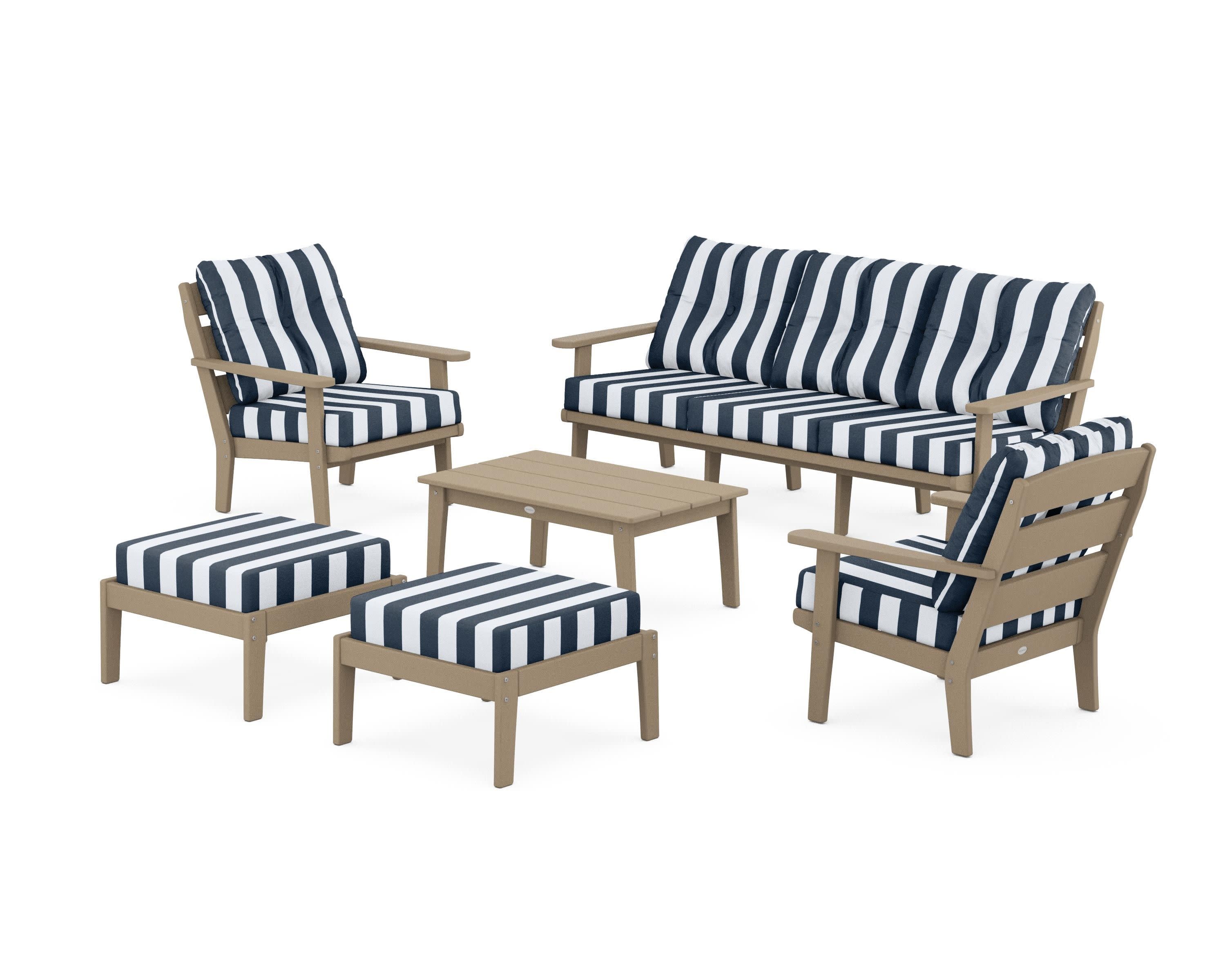 Lakeside 6-Piece Lounge Sofa Set in Vintage Sahara / Cabana Stripe Marine Indigo