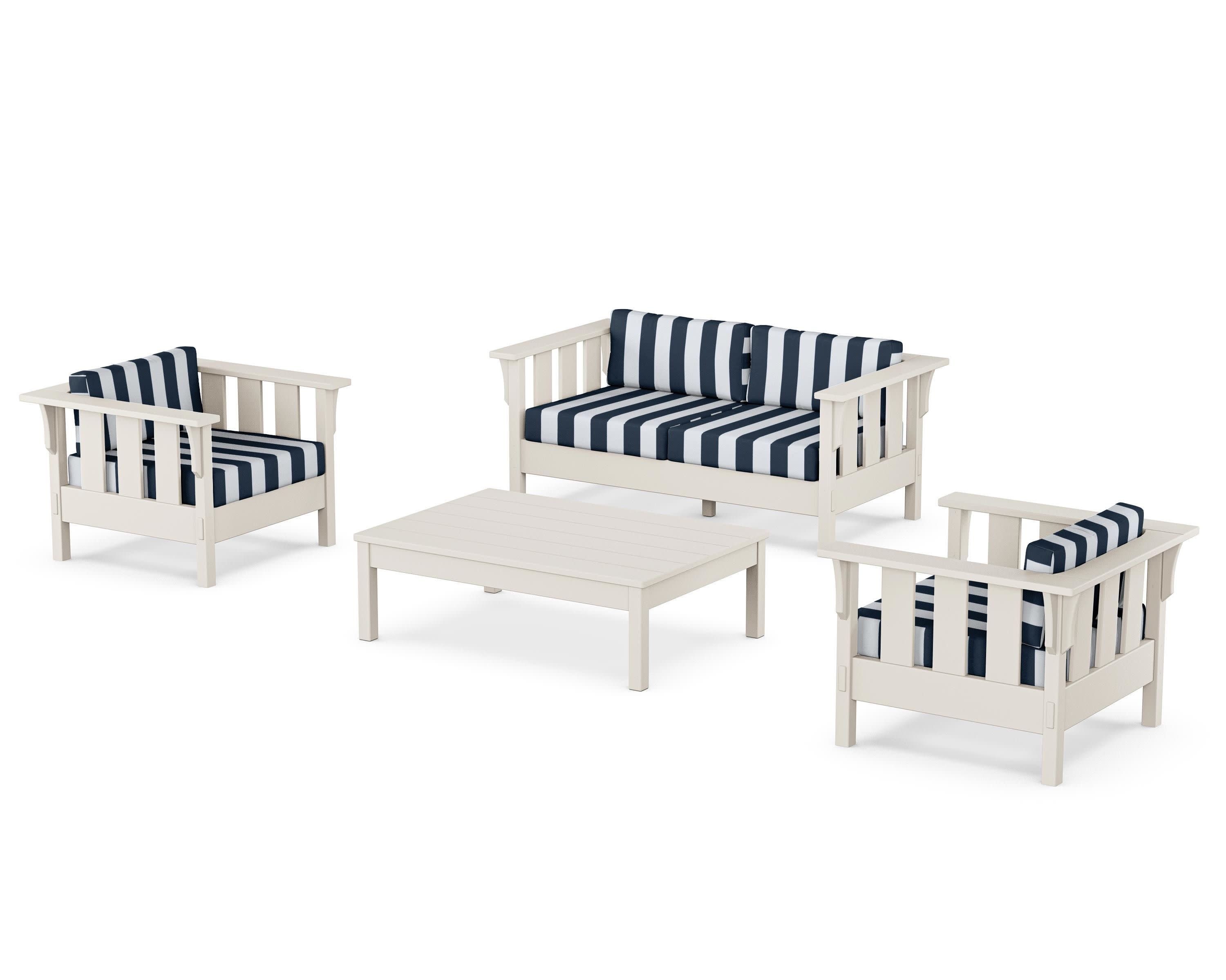 Acadia 4-Piece Deep Seating Set with Loveseat in Sand / Cabana Stripe Marine Indigo