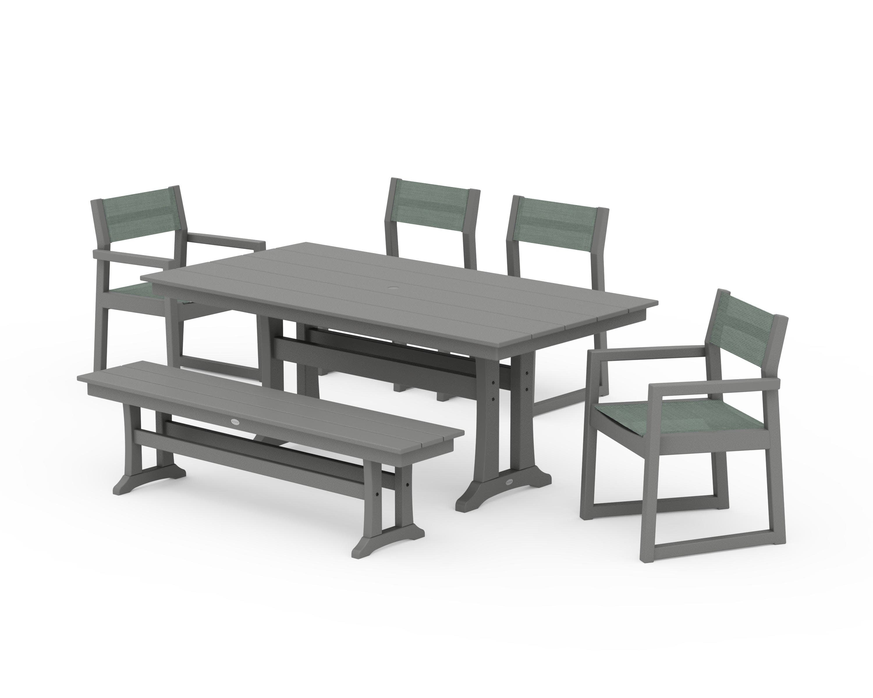 EDGE Sling 6-Piece Farmhouse Dining Set With Trestle Legs in Slate Grey / Dupioni Sea Mist Sling