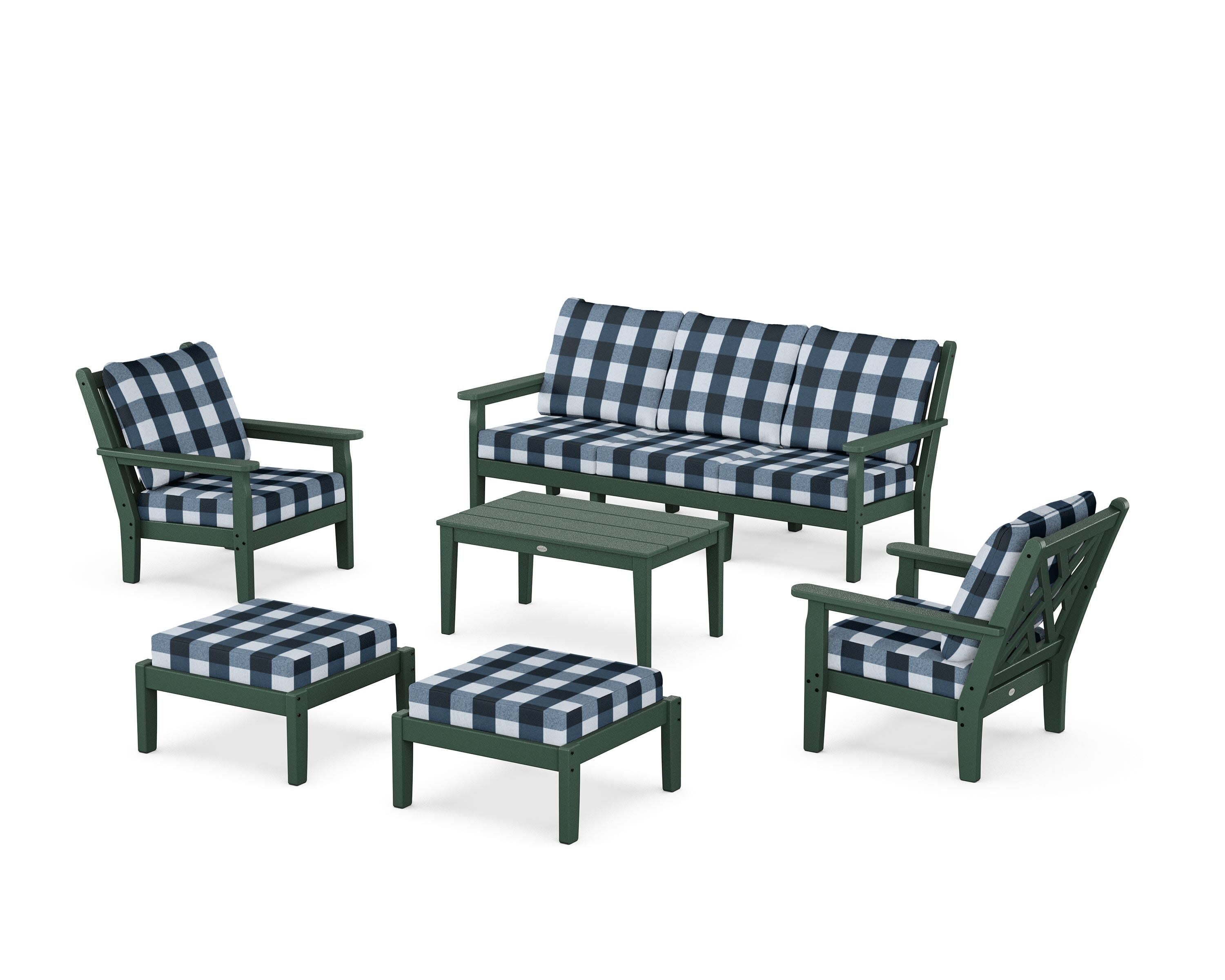 Chippendale 6-Piece Lounge Sofa Set in Green / Buffalo Plaid Marine Indigo