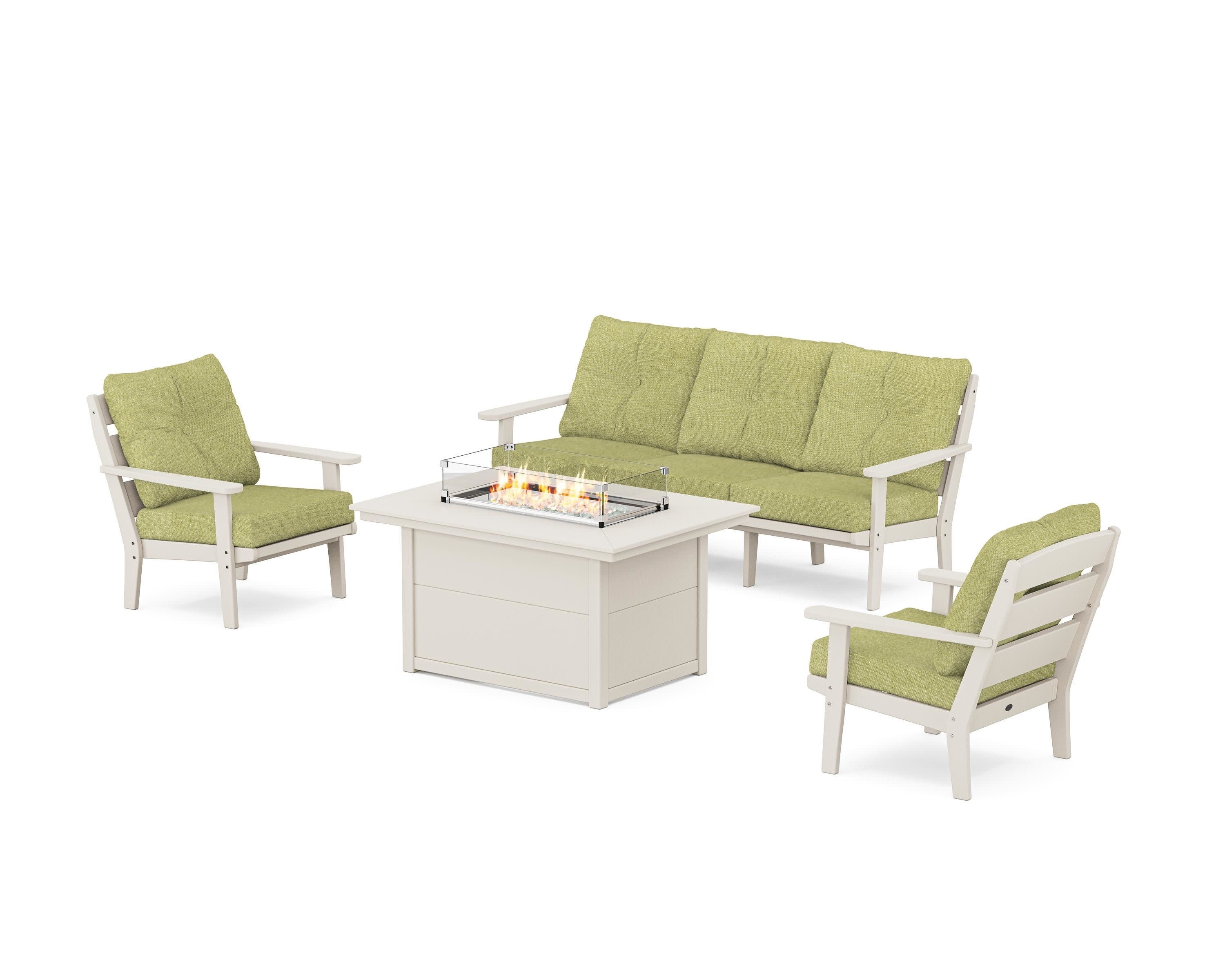 Lakeside Deep Seating Fire Pit Table Set in Sand / Chartreuse Boucle