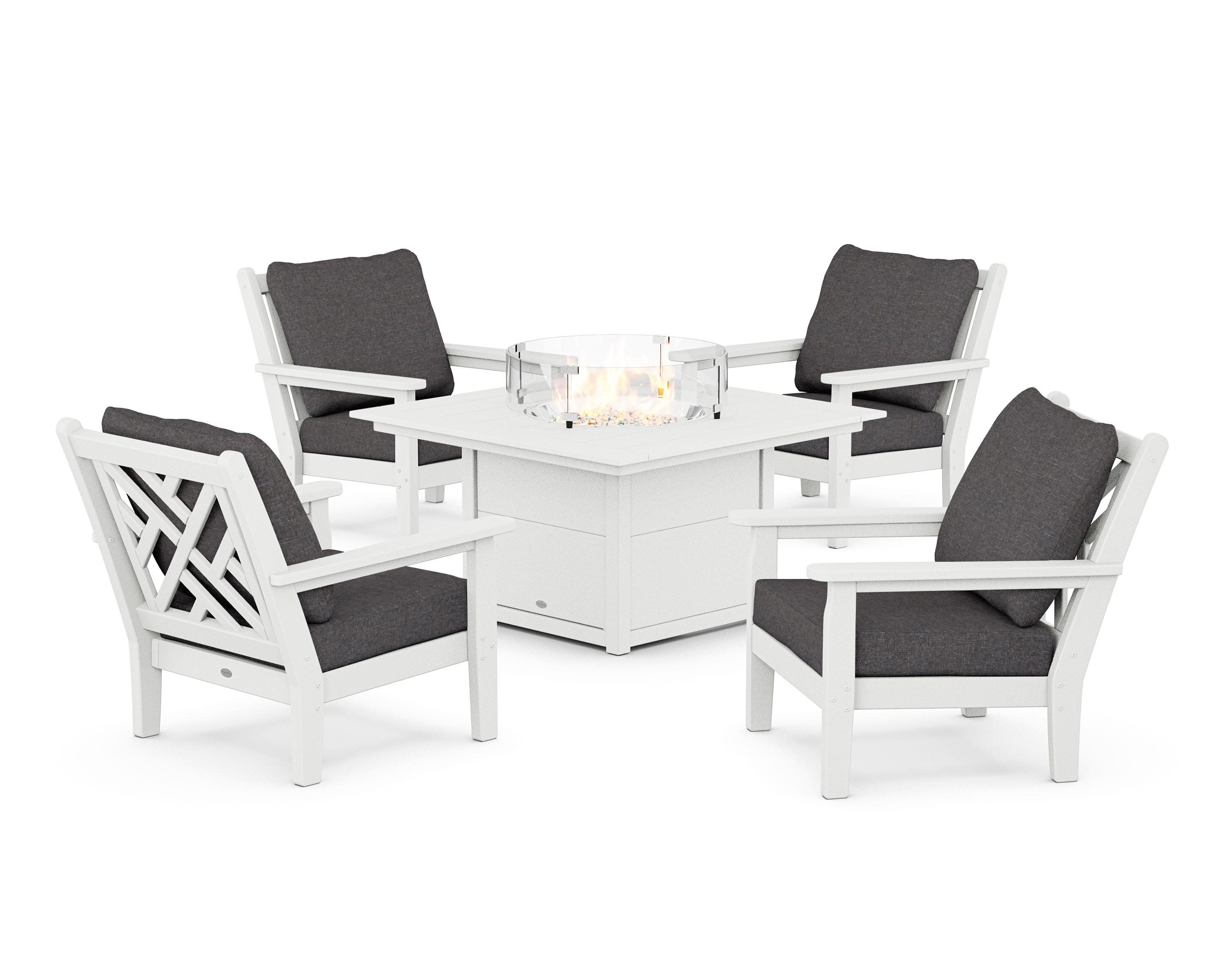 Chippendale 5-Piece Deep Seating Set with Fire Pit Table in White / Ash Charcoal