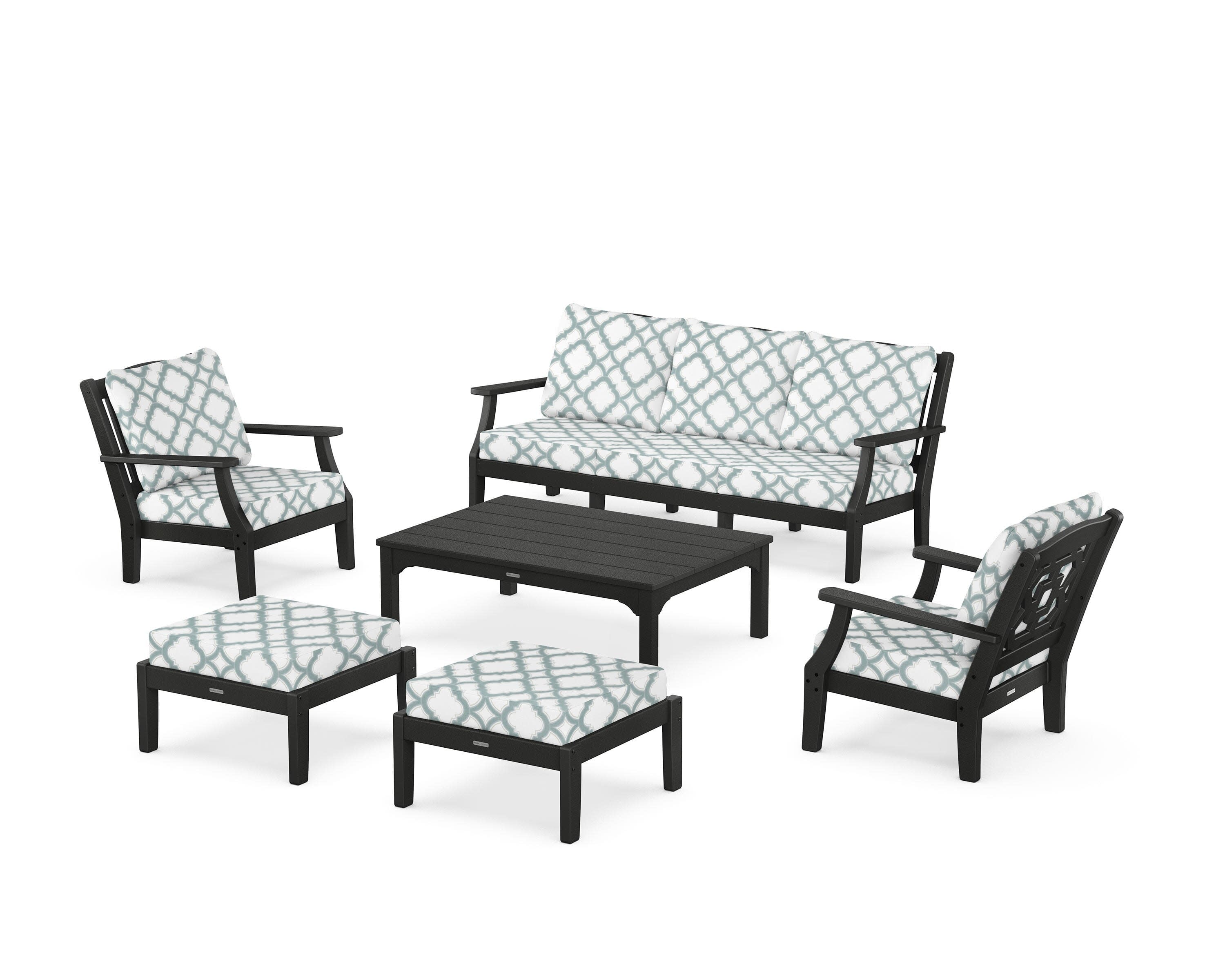 Chinoiserie 6-Piece Lounge Sofa Set in Black / Trellis Glacier Spa