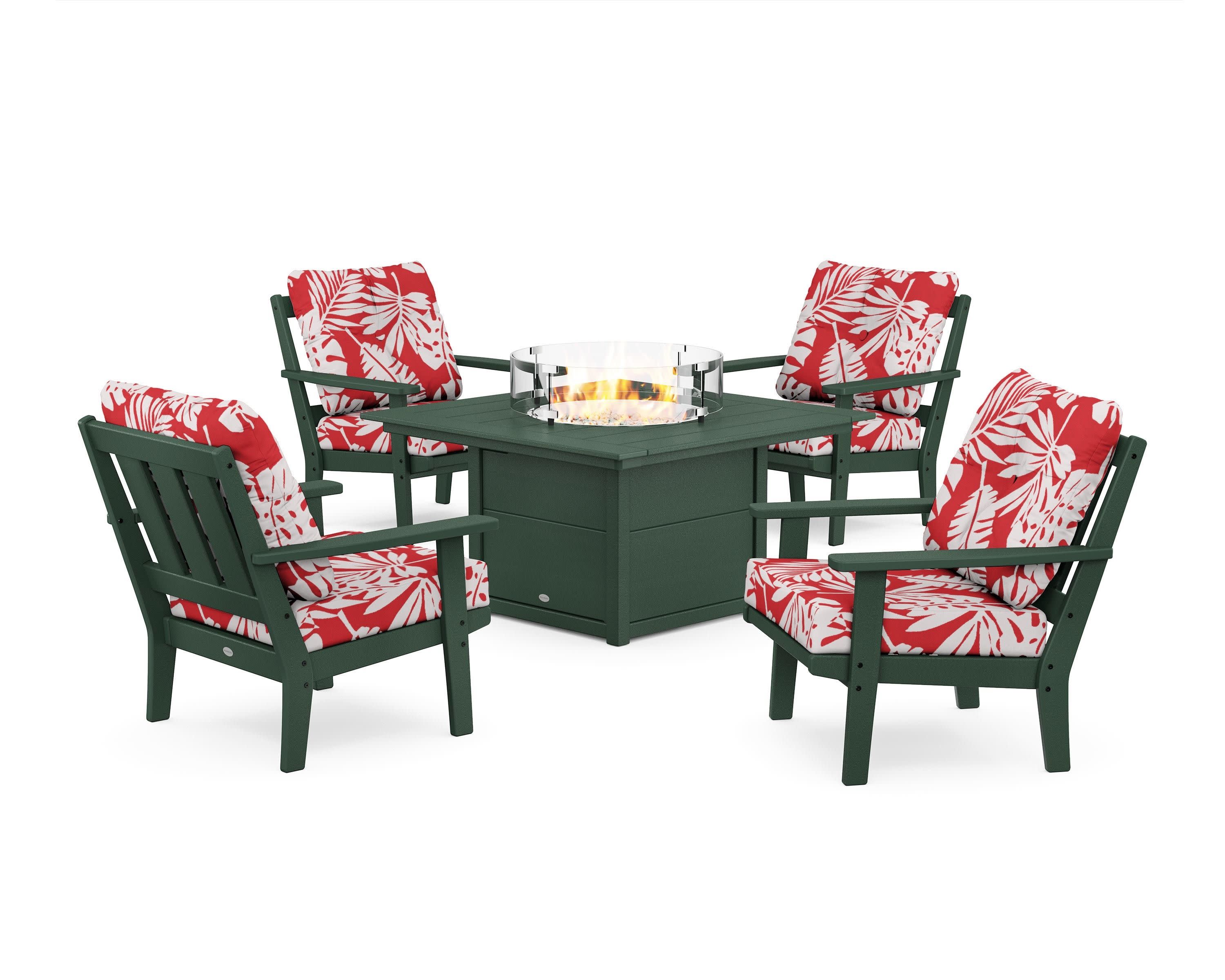 Oxford 5-Piece Deep Seating Set with Fire Pit Table in Green / Leaf Crimson